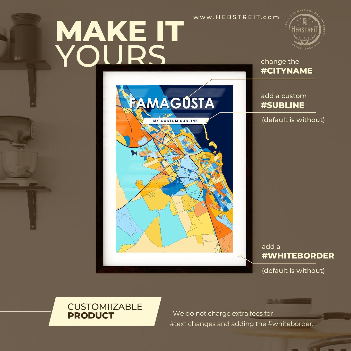 FAMAGUSTA CYPRUS Vibrant Colorful Art Map Poster Blue Orange