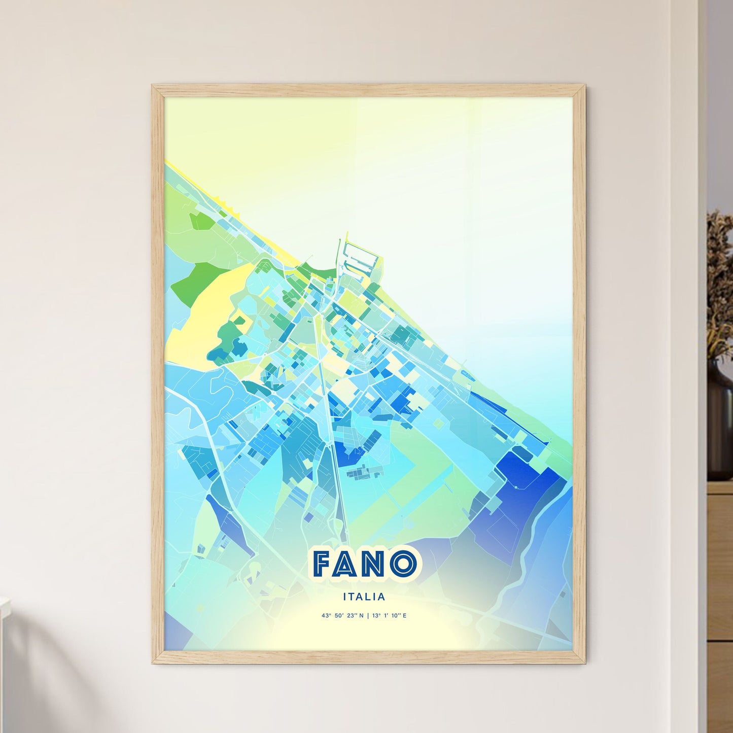 Colorful Fano Italy Fine Art Map Cool Blue