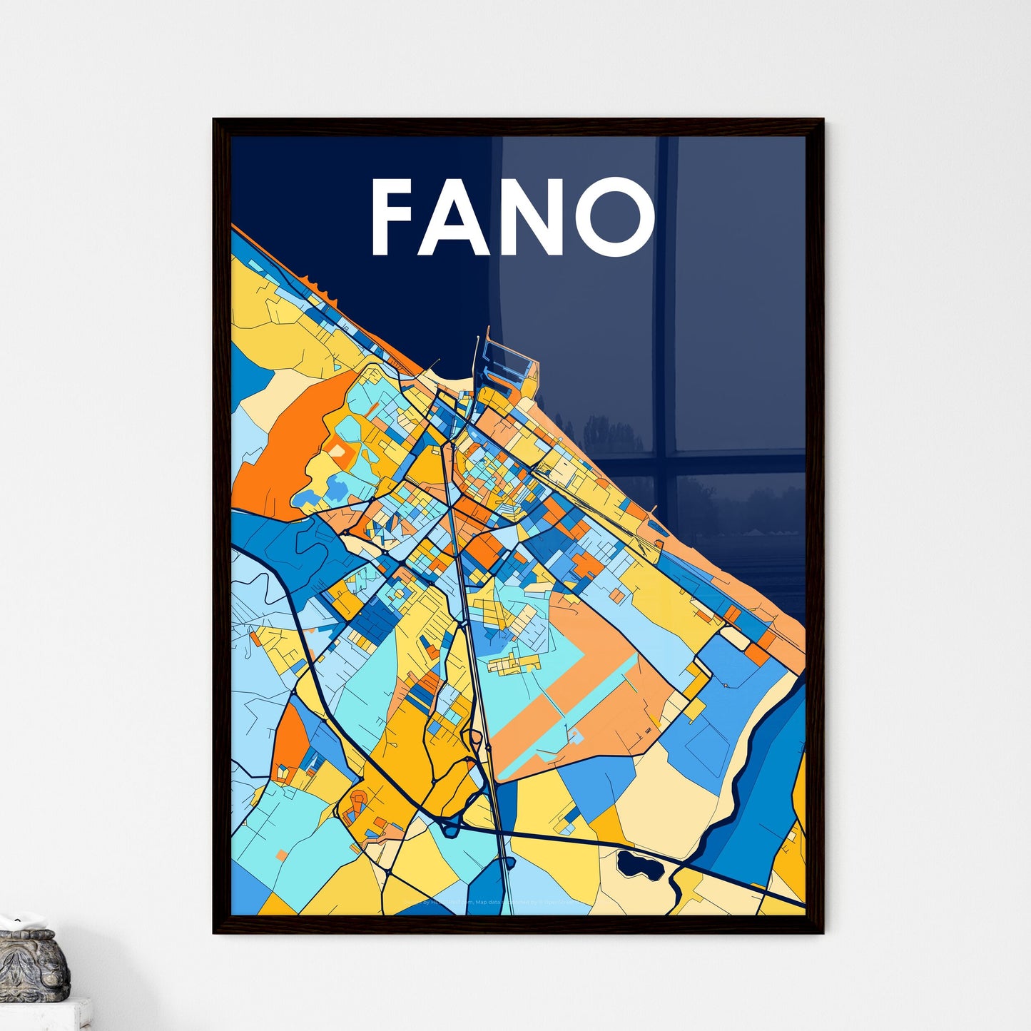 FANO ITALY Vibrant Colorful Art Map Poster Blue Orange