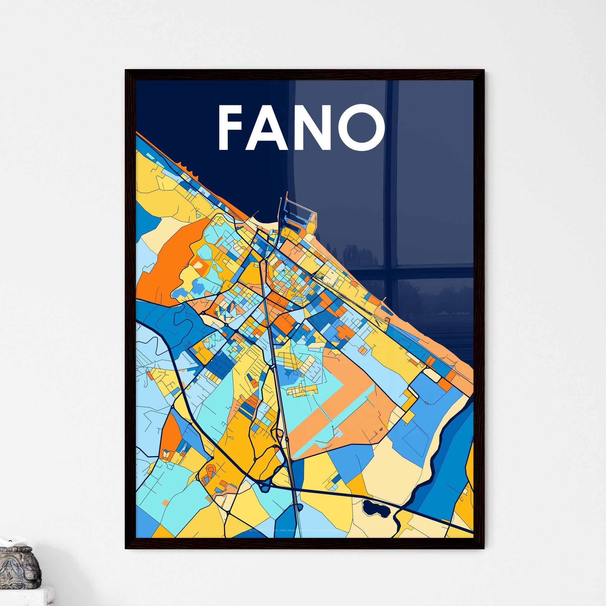 FANO ITALY Vibrant Colorful Art Map Poster Blue Orange