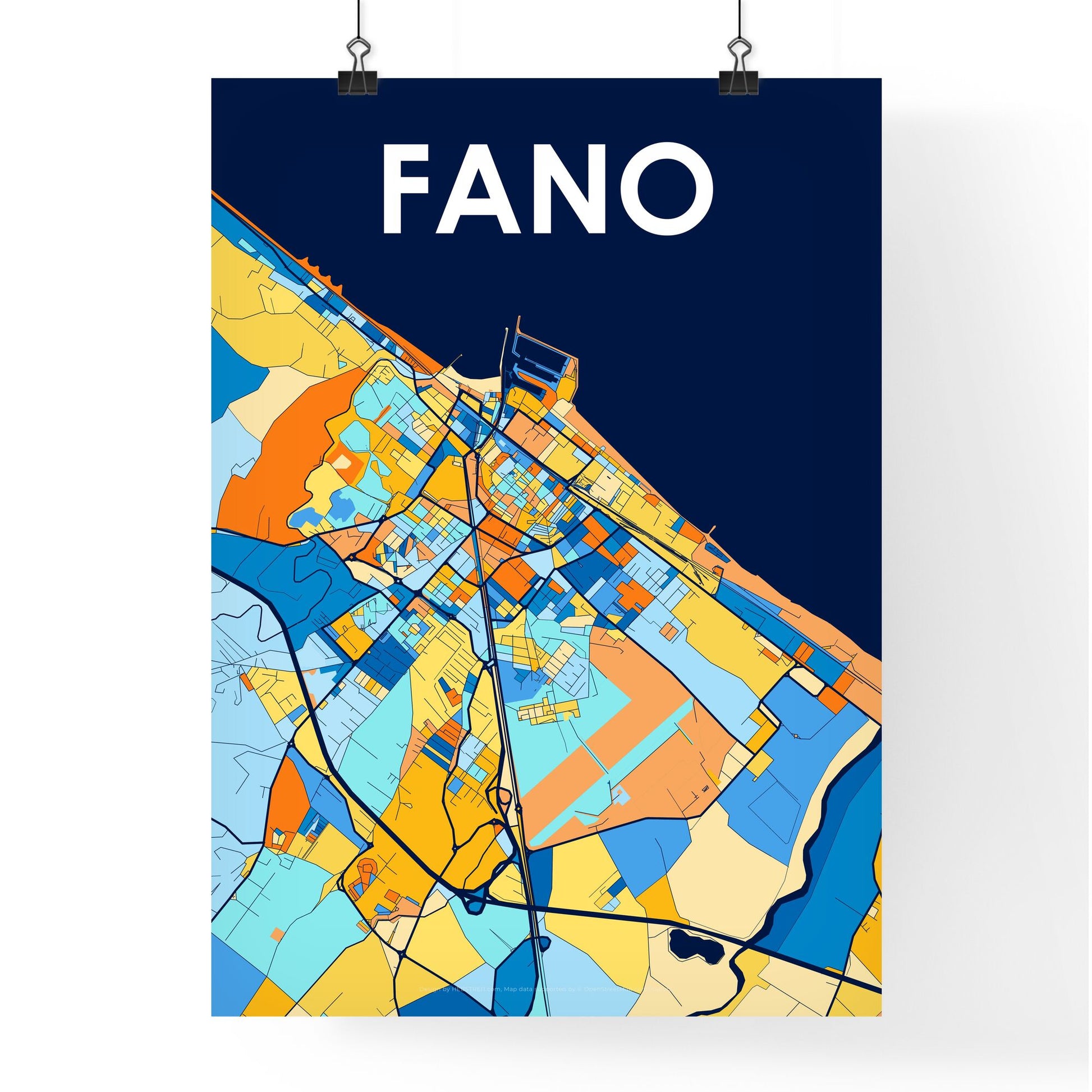 FANO ITALY Vibrant Colorful Art Map Poster Blue Orange