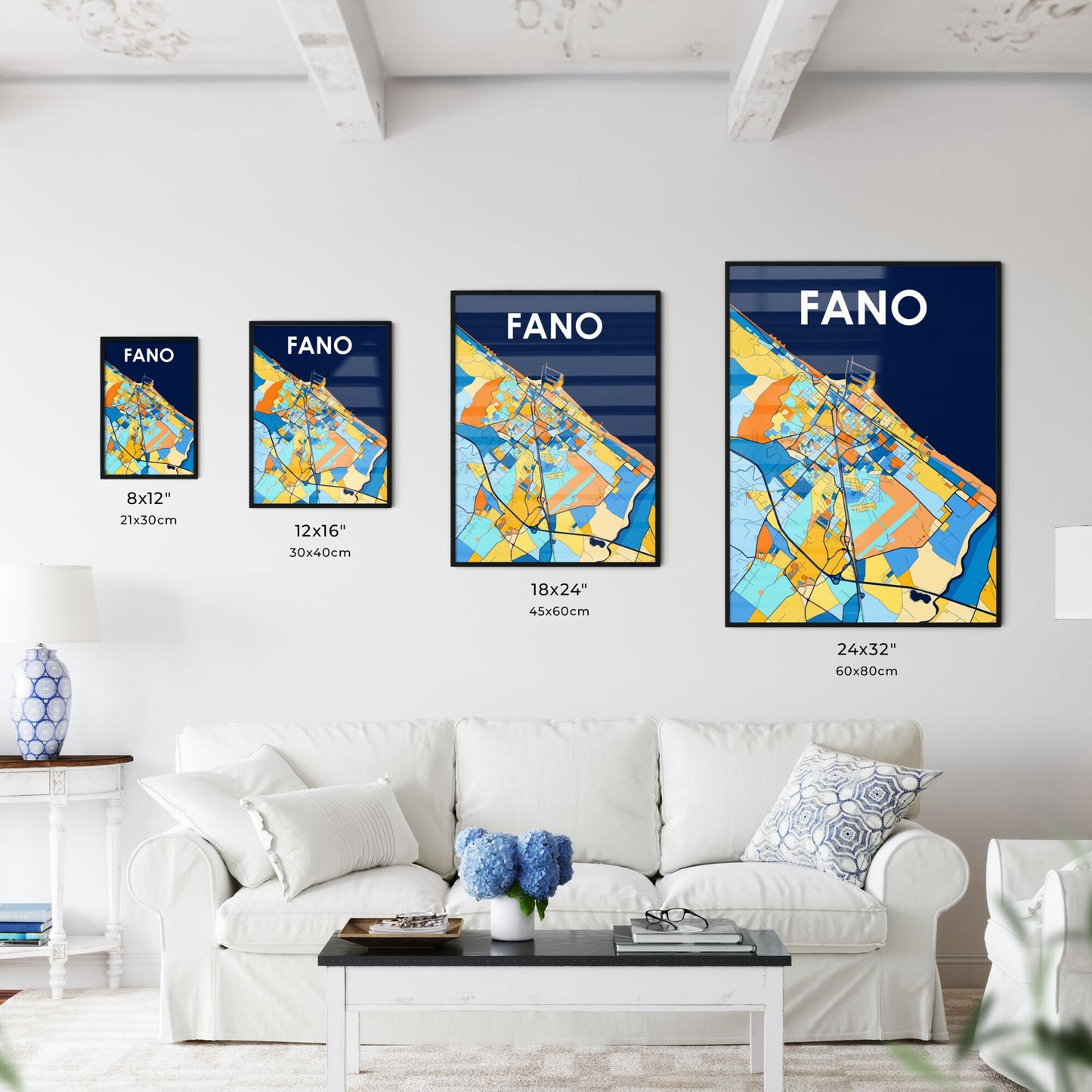 FANO ITALY Vibrant Colorful Art Map Poster Blue Orange