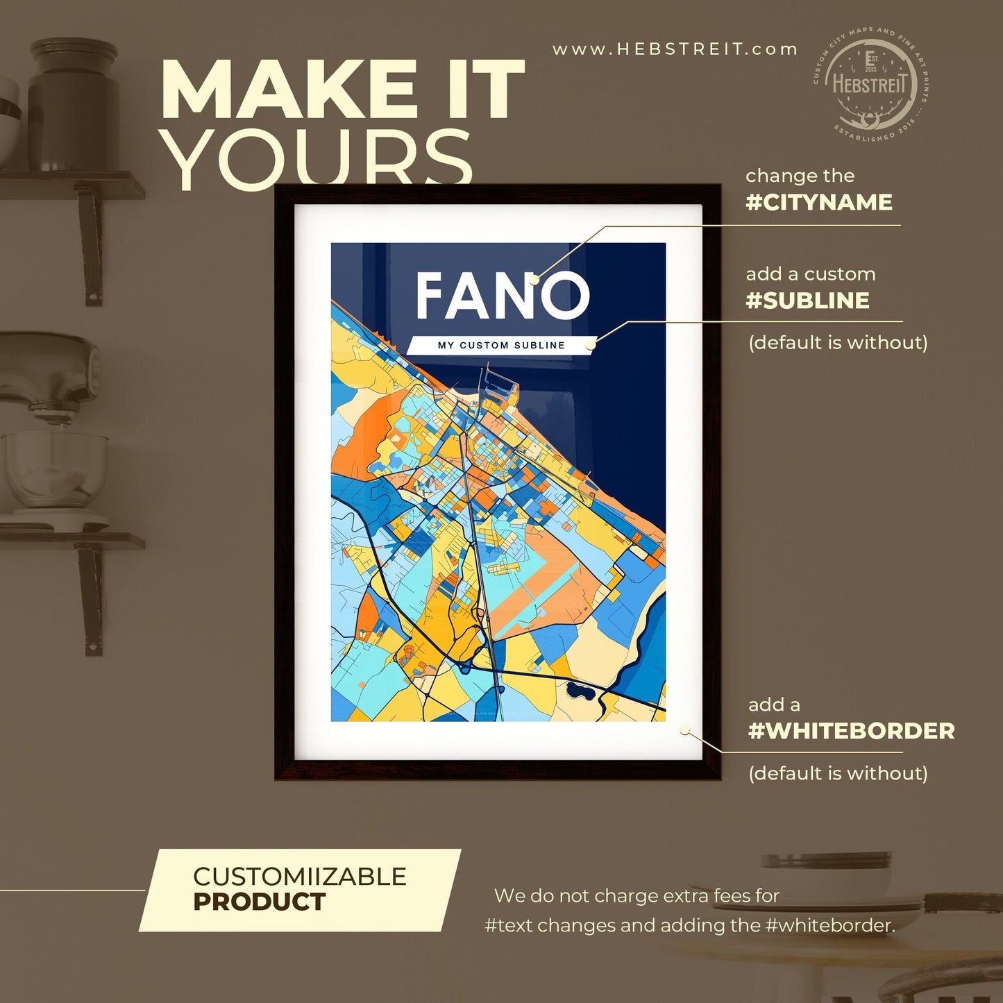 FANO ITALY Vibrant Colorful Art Map Poster Blue Orange
