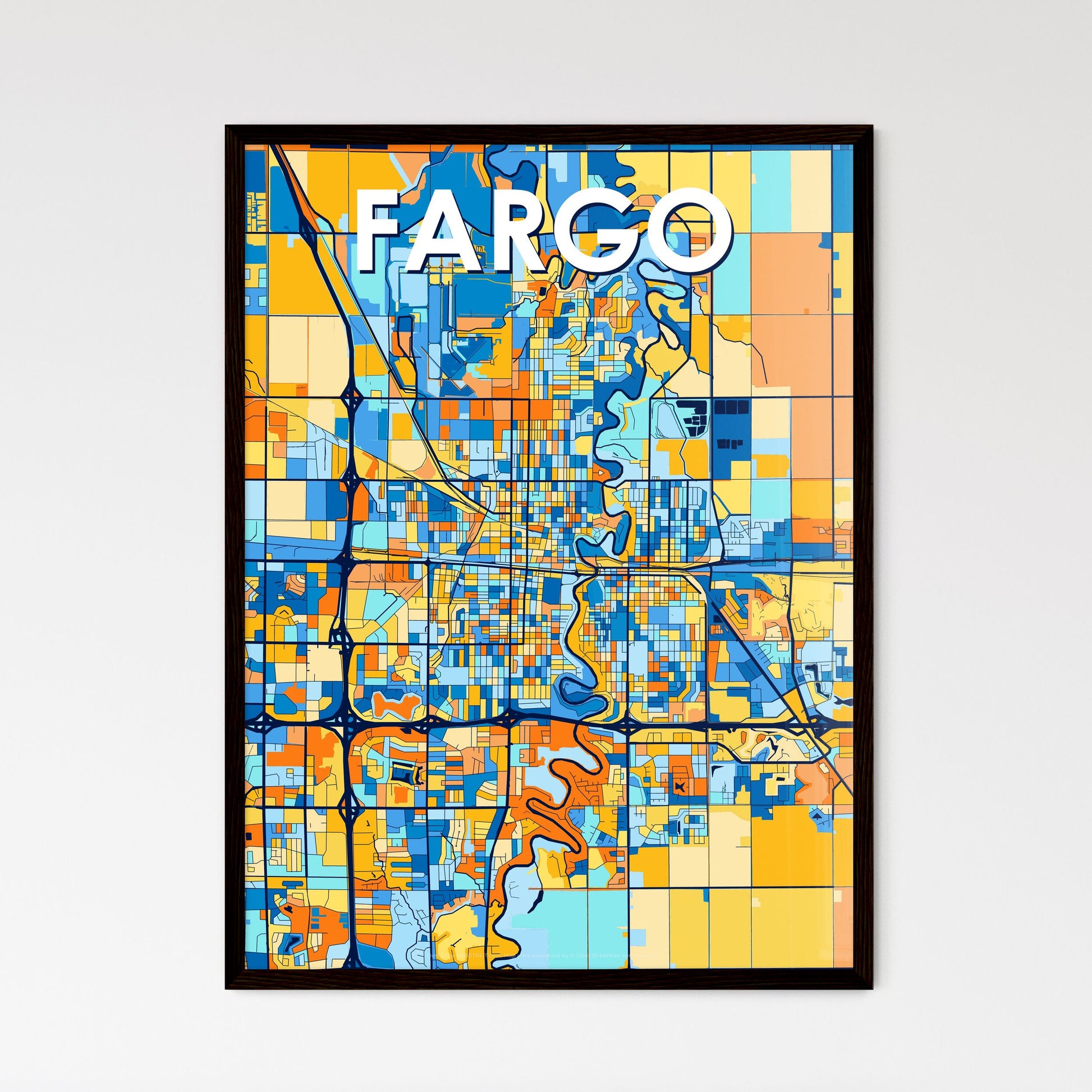 FARGO NORTH DAKOTA Vibrant Colorful Art Map Poster Blue Orange