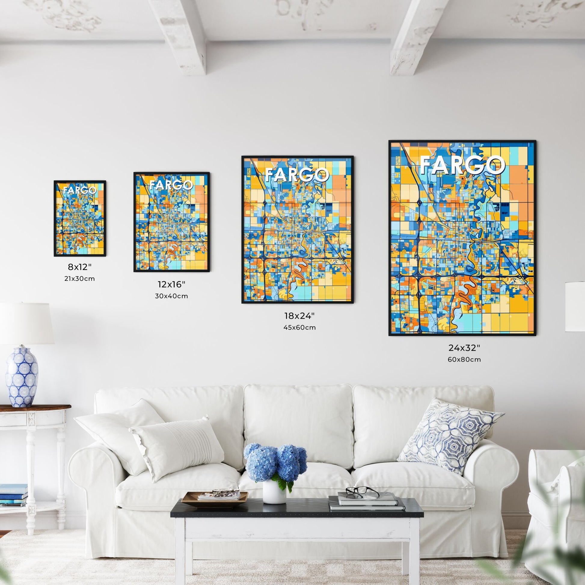 FARGO NORTH DAKOTA Vibrant Colorful Art Map Poster Blue Orange