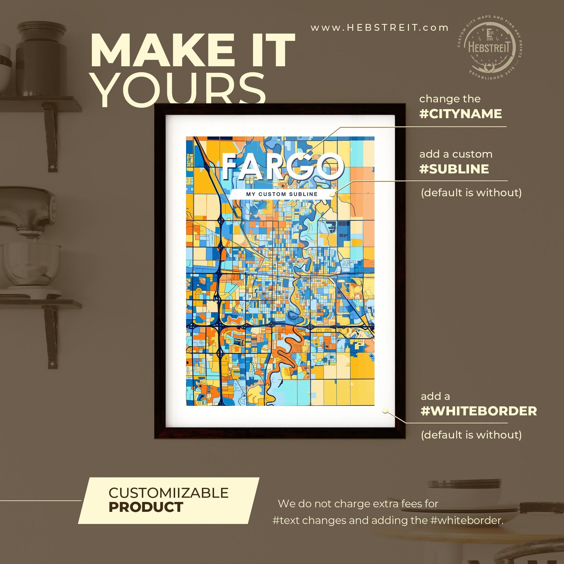 FARGO NORTH DAKOTA Vibrant Colorful Art Map Poster Blue Orange