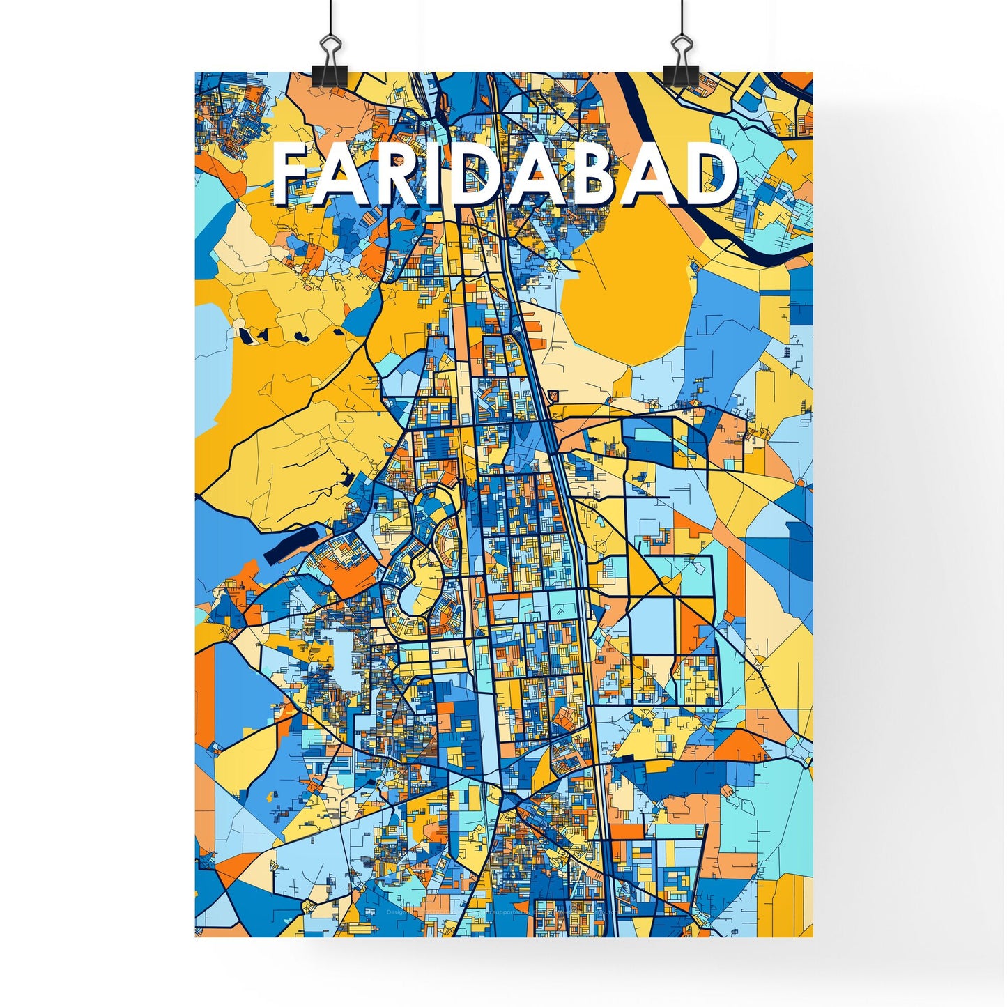 FARIDABAD INDIA Vibrant Colorful Art Map Poster Blue Orange