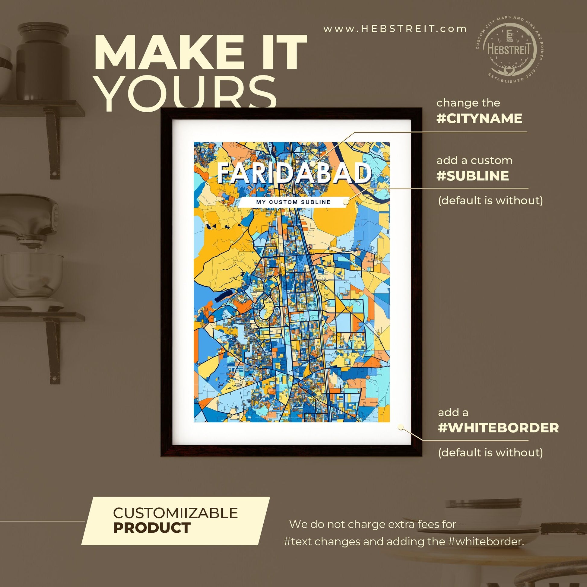 FARIDABAD INDIA Vibrant Colorful Art Map Poster Blue Orange