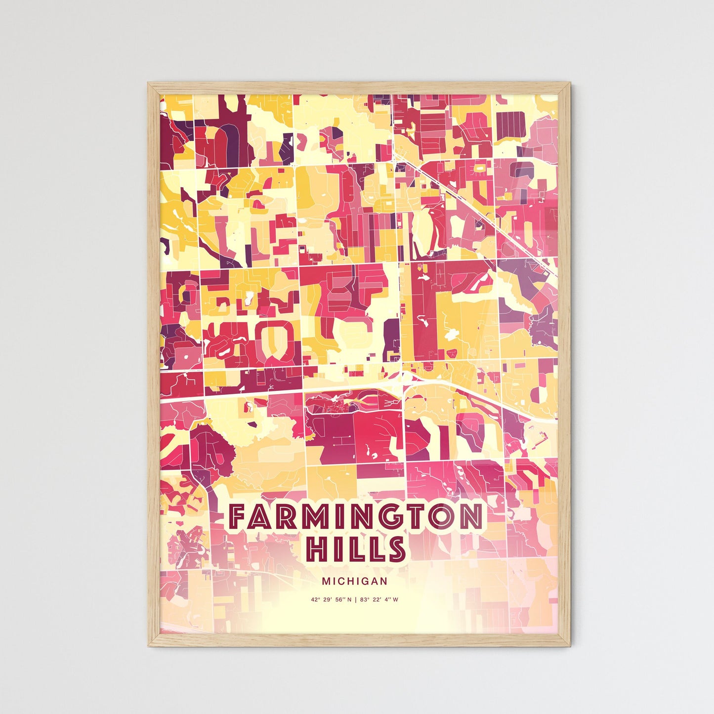 Colorful Farmington Hills Michigan Fine Art Map Hot Red