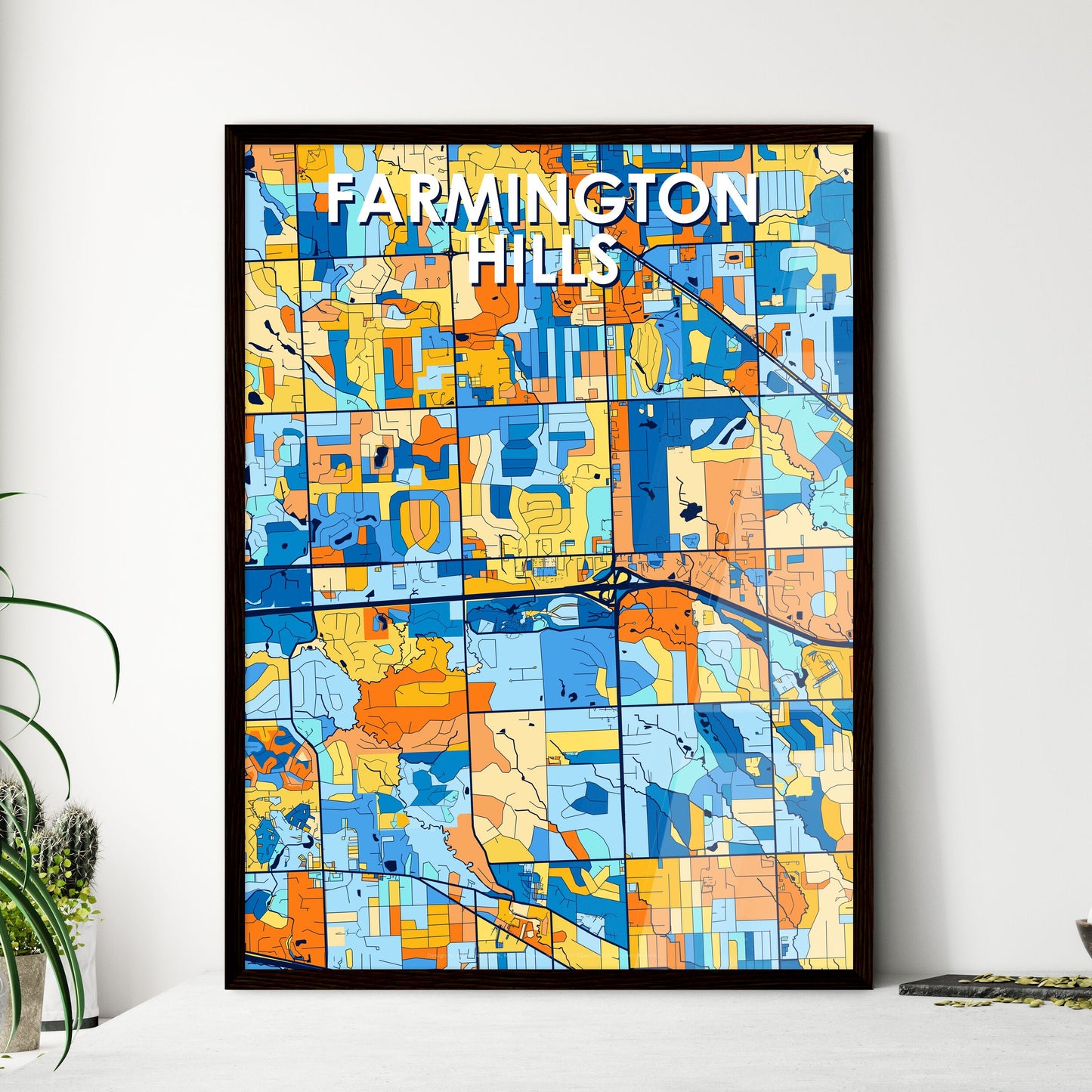 FARMINGTON HILLS MICHIGAN Vibrant Colorful Art Map Poster Blue Orange