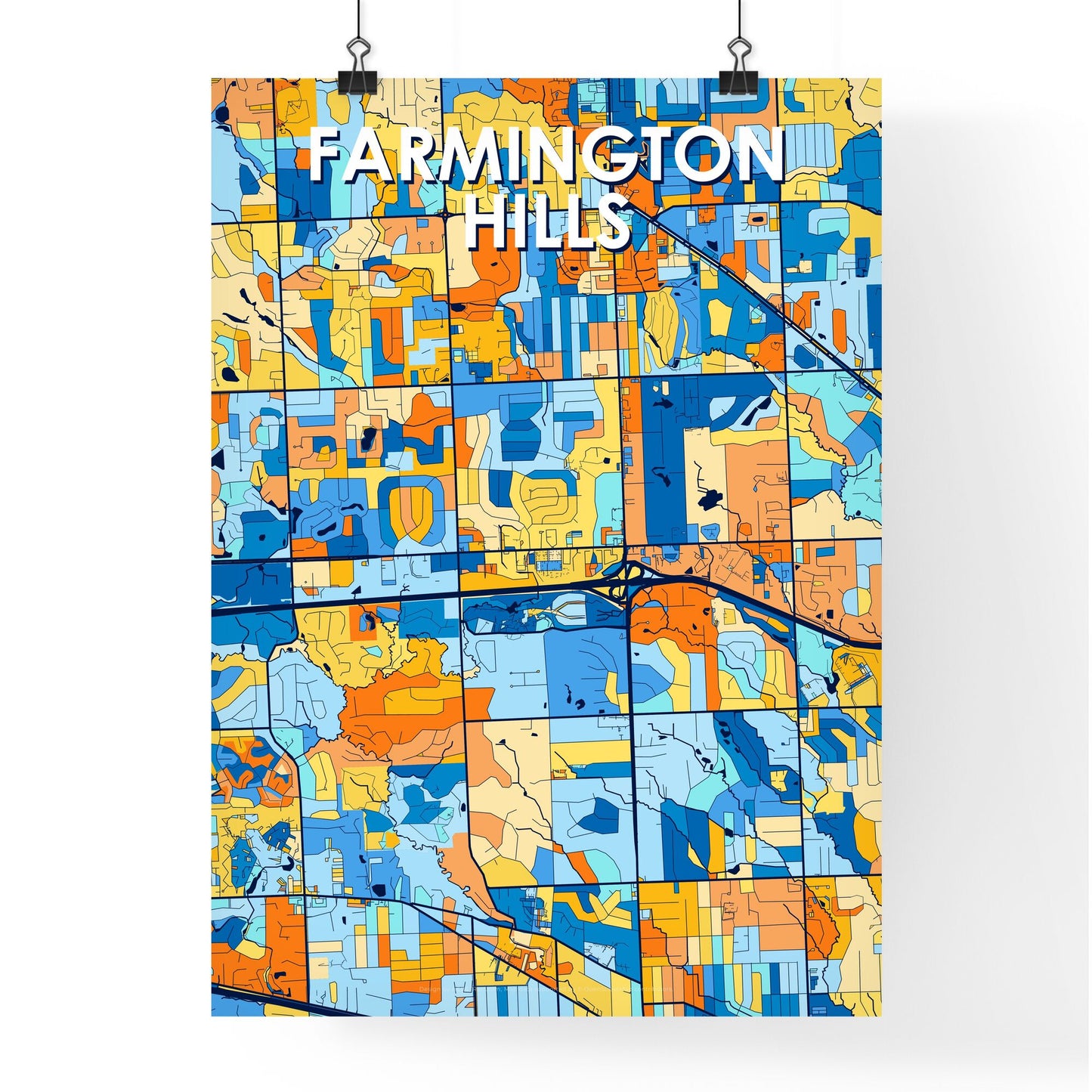 FARMINGTON HILLS MICHIGAN Vibrant Colorful Art Map Poster Blue Orange