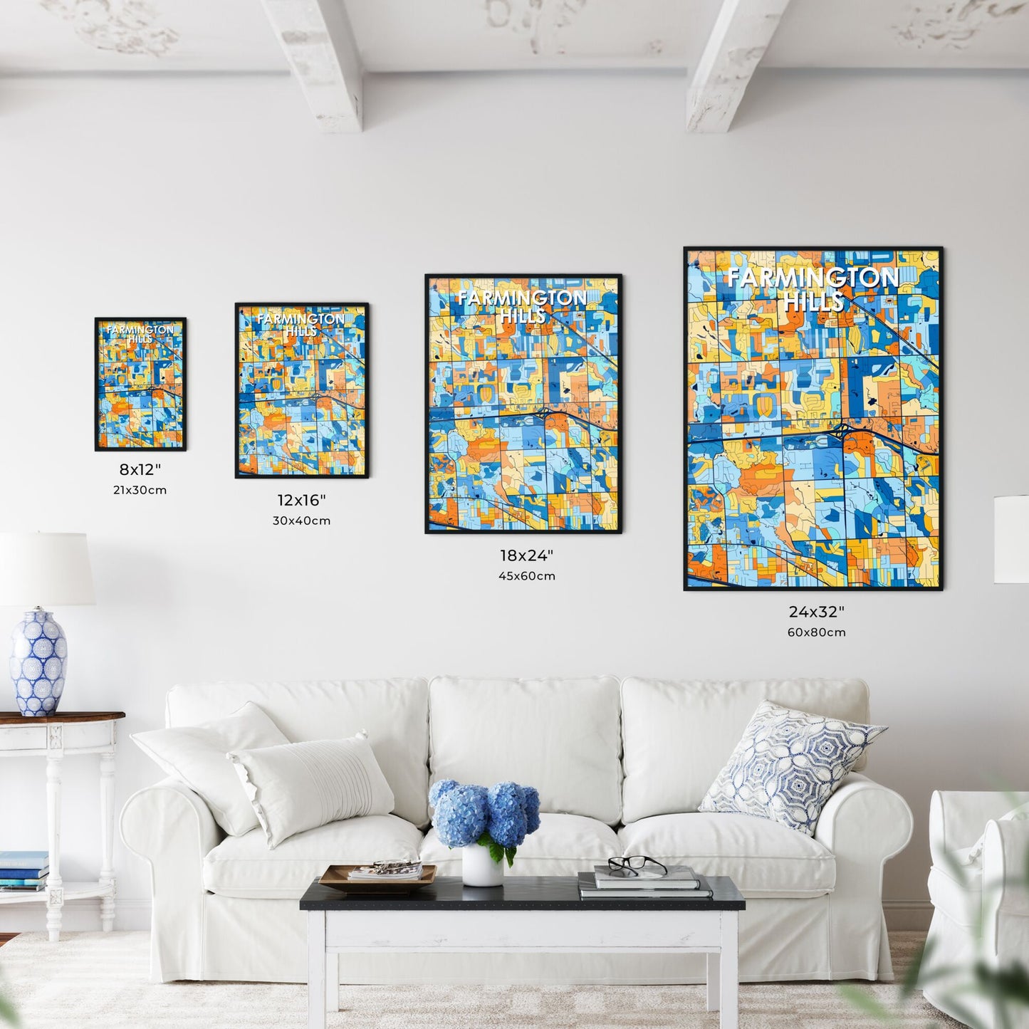 FARMINGTON HILLS MICHIGAN Vibrant Colorful Art Map Poster Blue Orange