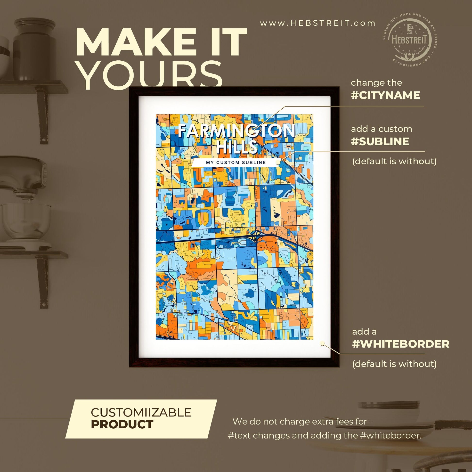 FARMINGTON HILLS MICHIGAN Vibrant Colorful Art Map Poster Blue Orange