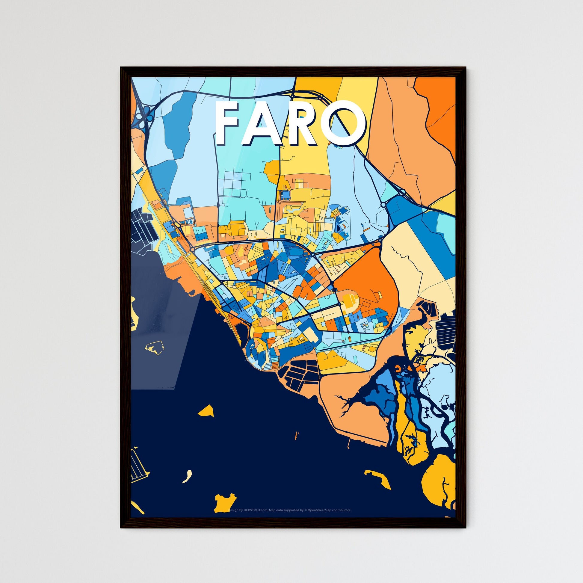 FARO PORTUGAL Vibrant Colorful Art Map Poster Blue Orange
