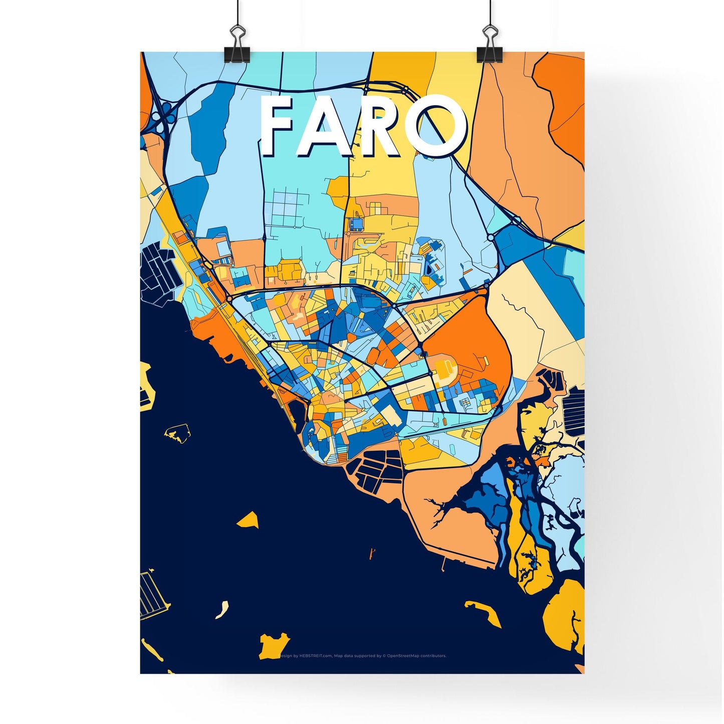 FARO PORTUGAL Vibrant Colorful Art Map Poster Blue Orange