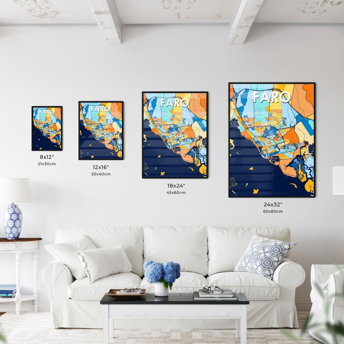 FARO PORTUGAL Vibrant Colorful Art Map Poster Blue Orange