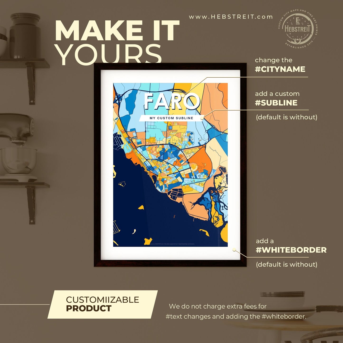 FARO PORTUGAL Vibrant Colorful Art Map Poster Blue Orange