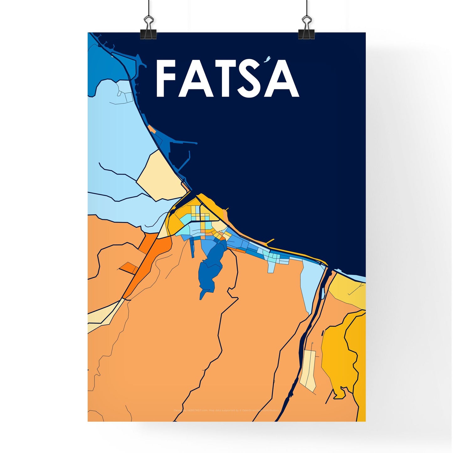 FATSA TURKEY Vibrant Colorful Art Map Poster Blue Orange