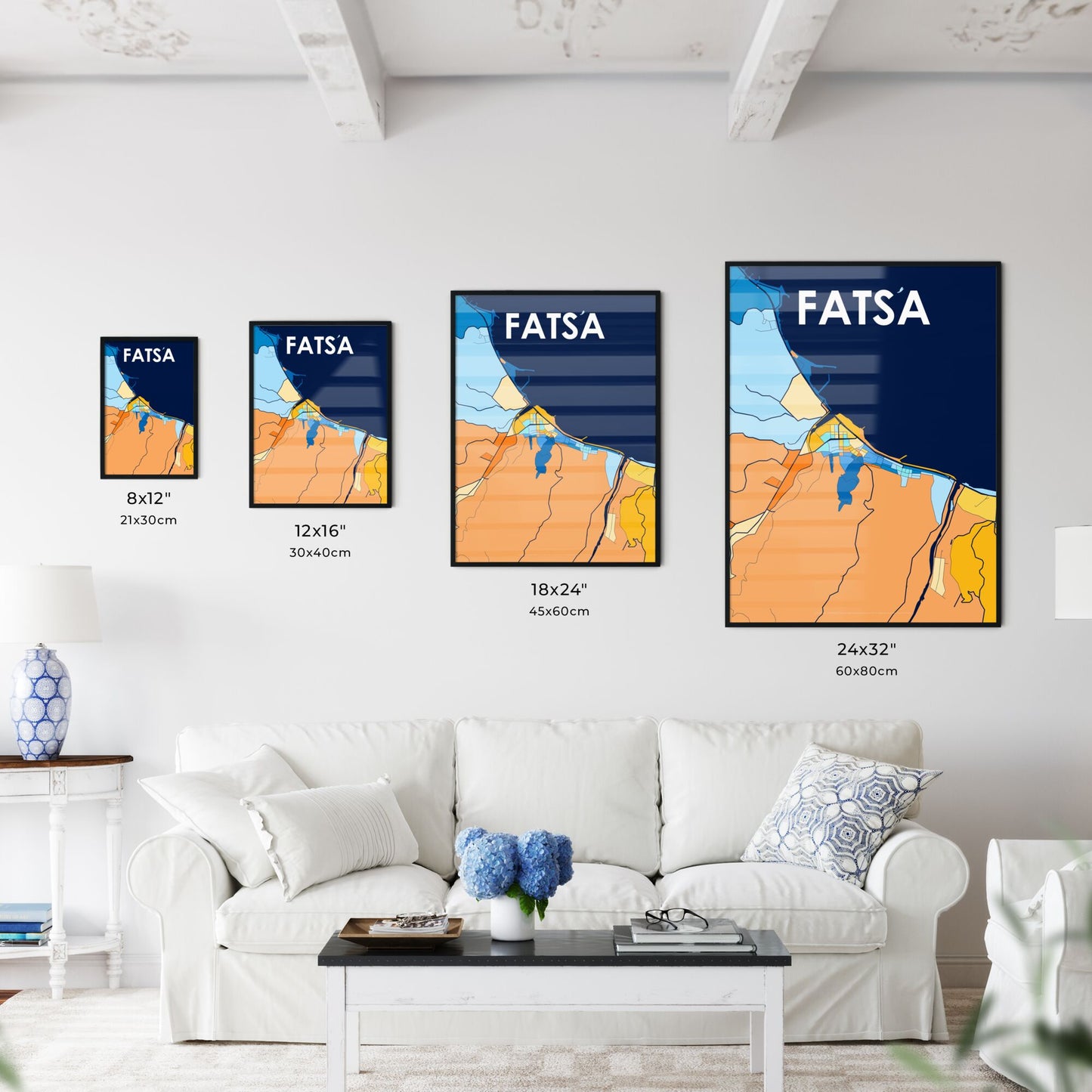 FATSA TURKEY Vibrant Colorful Art Map Poster Blue Orange