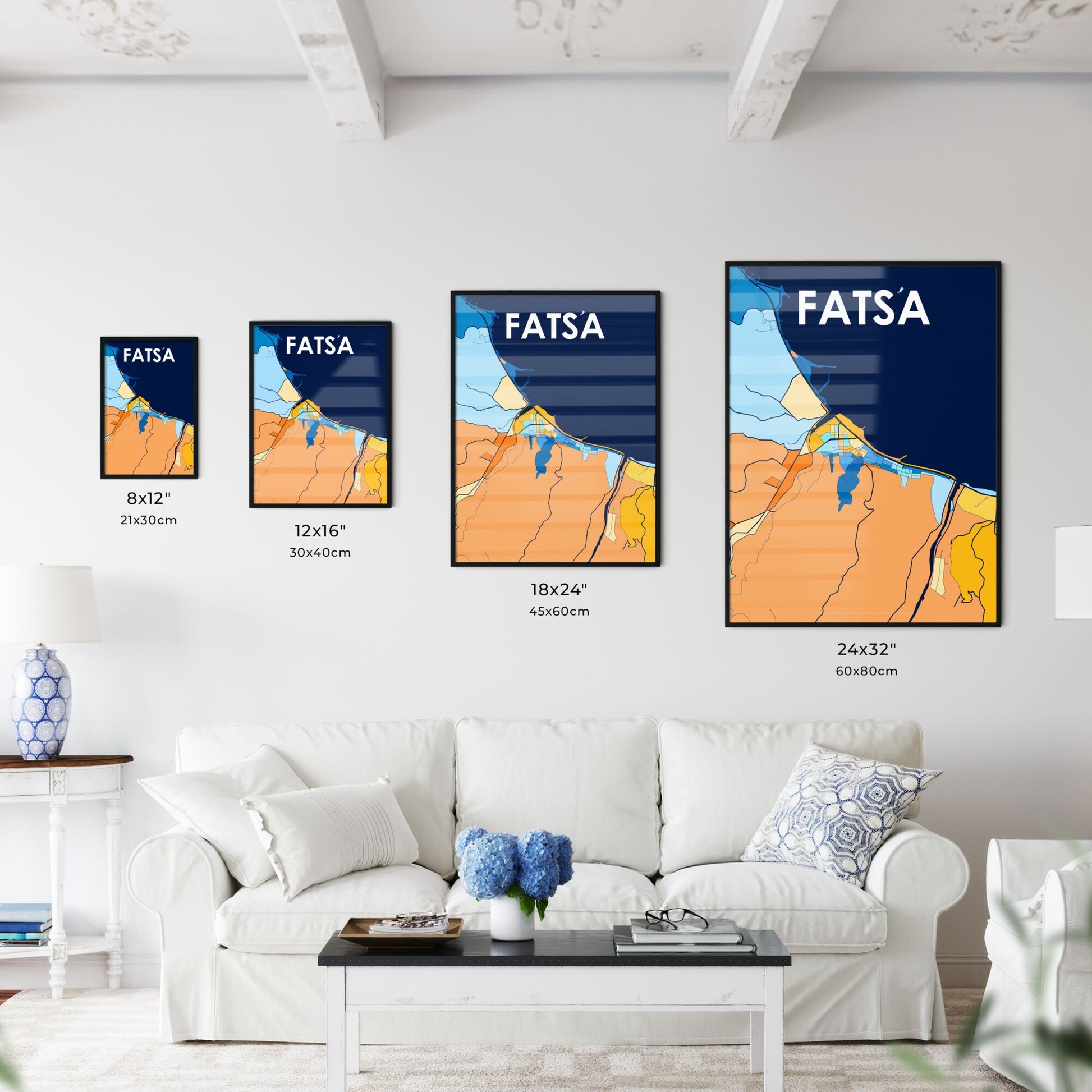 FATSA TURKEY Vibrant Colorful Art Map Poster Blue Orange