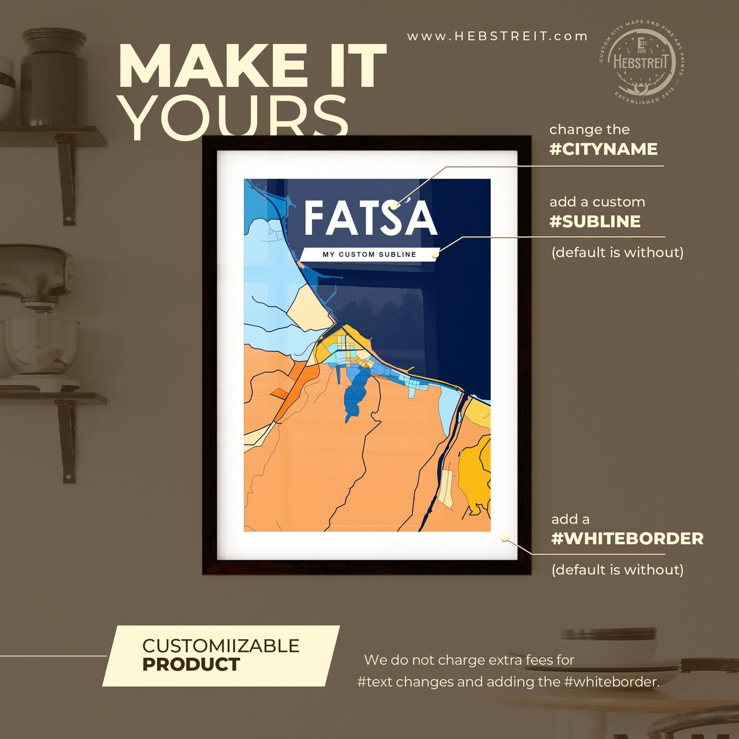 FATSA TURKEY Vibrant Colorful Art Map Poster Blue Orange