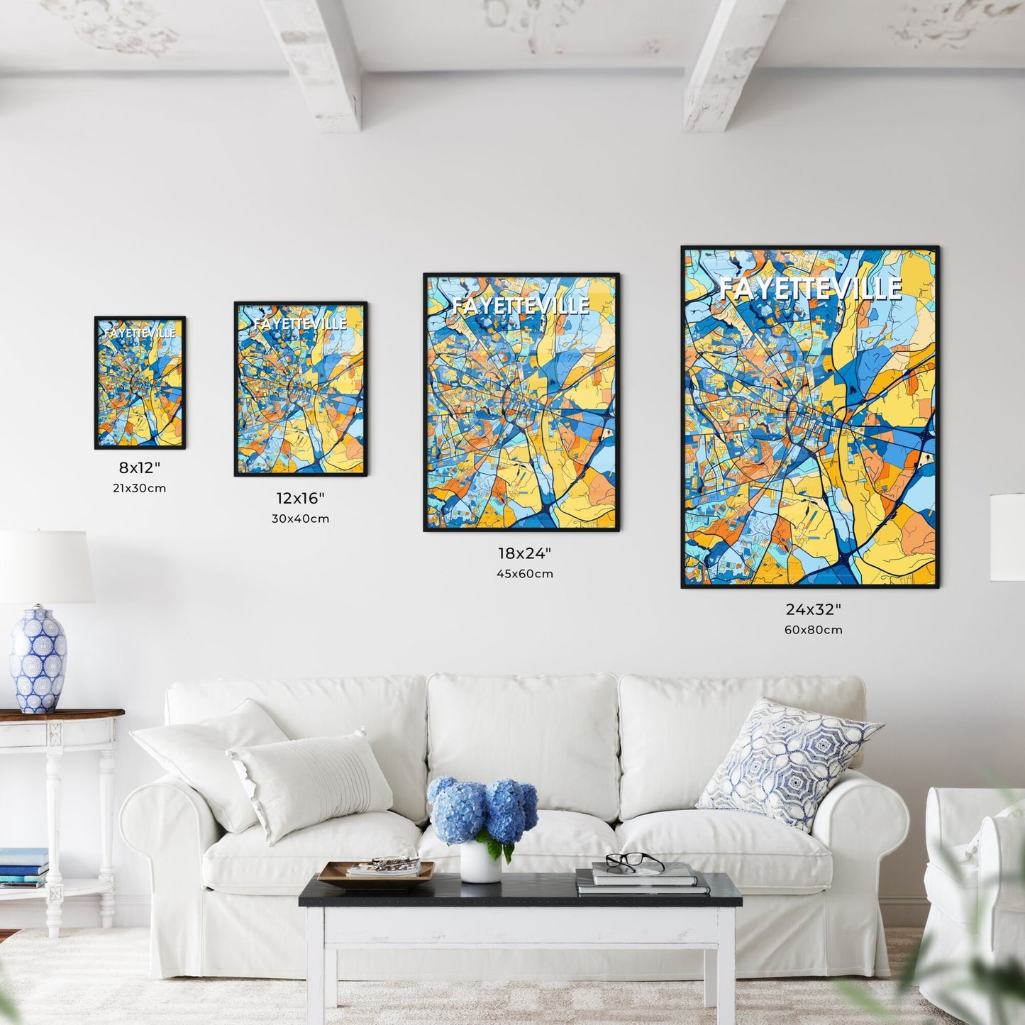 FAYETTEVILLE NORTH CAROLINA Vibrant Colorful Art Map Poster Blue Orange