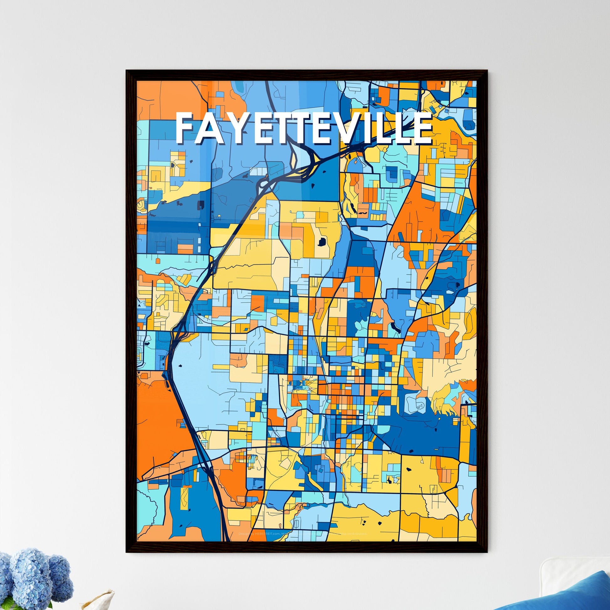 FAYETTEVILLE ARKANSAS Vibrant Colorful Art Map Poster Blue Orange