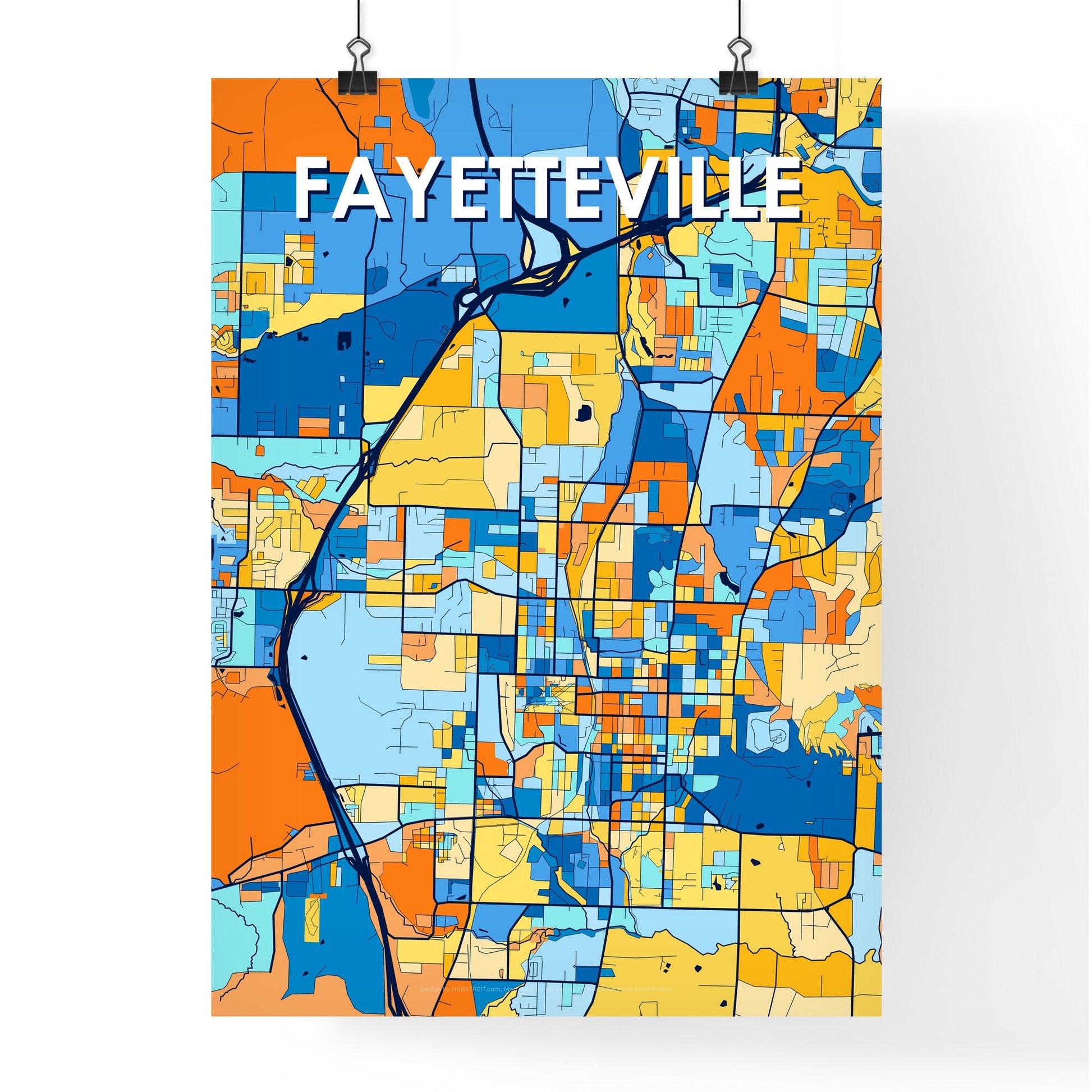 FAYETTEVILLE ARKANSAS Vibrant Colorful Art Map Poster Blue Orange