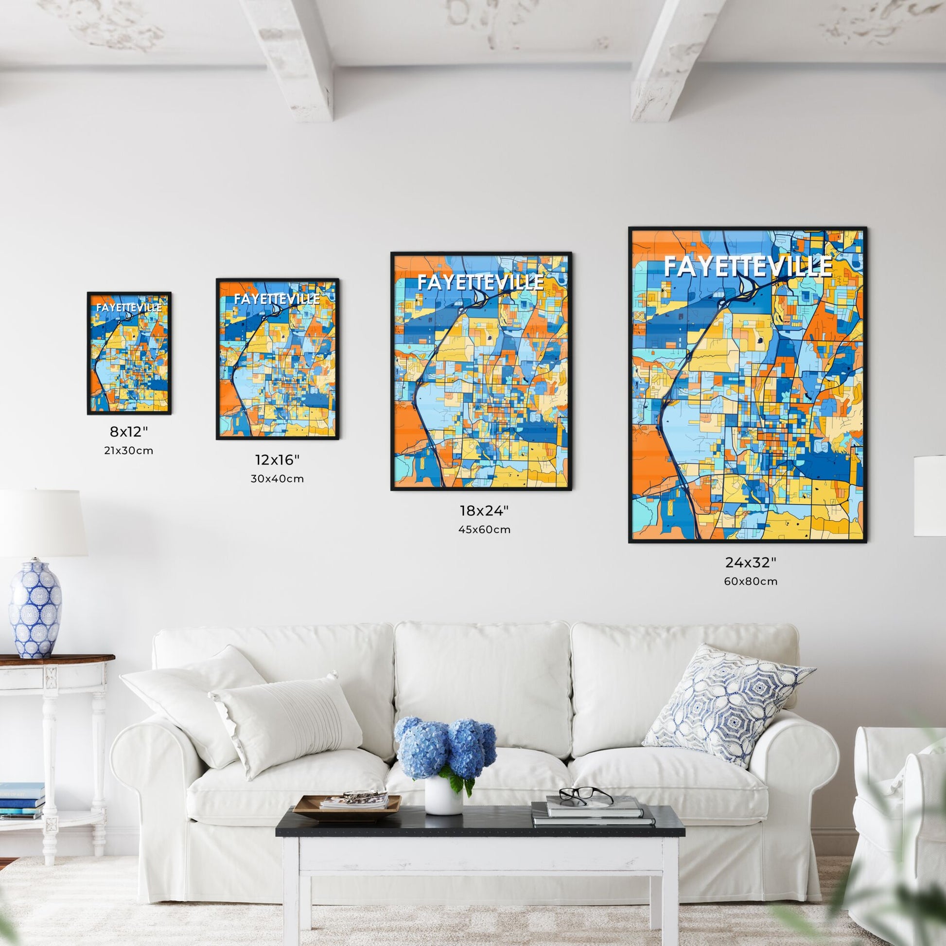 FAYETTEVILLE ARKANSAS Vibrant Colorful Art Map Poster Blue Orange