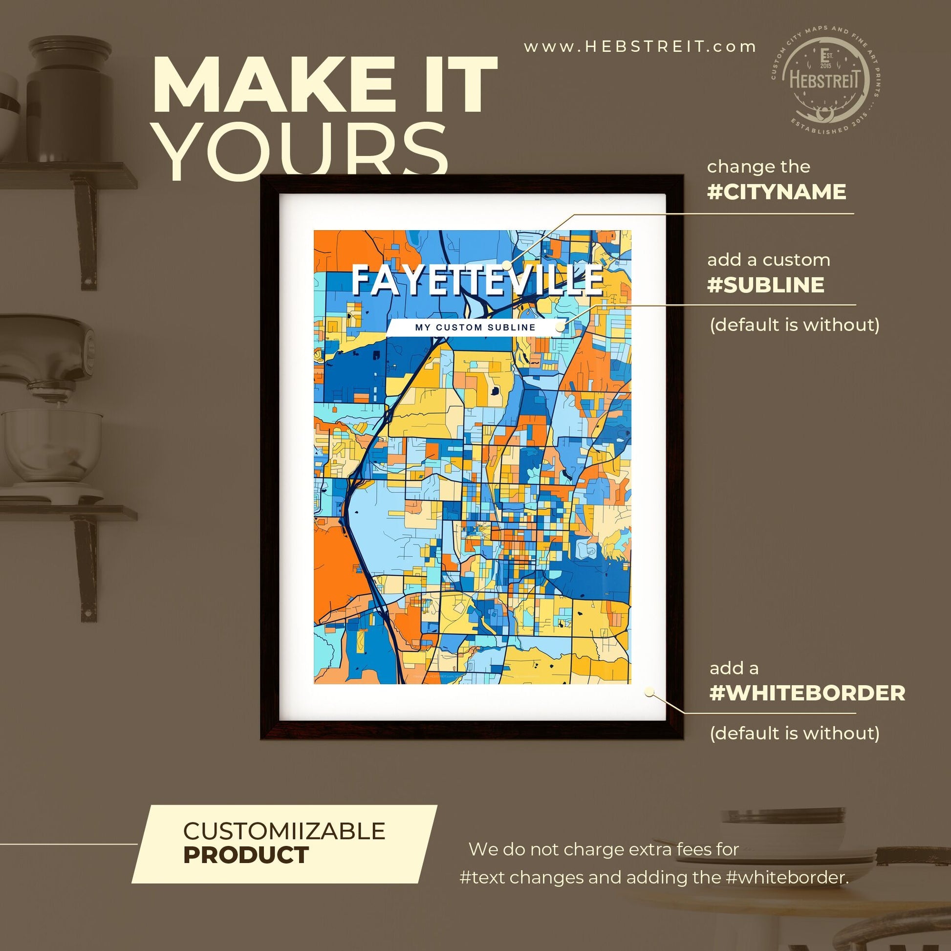 FAYETTEVILLE ARKANSAS Vibrant Colorful Art Map Poster Blue Orange