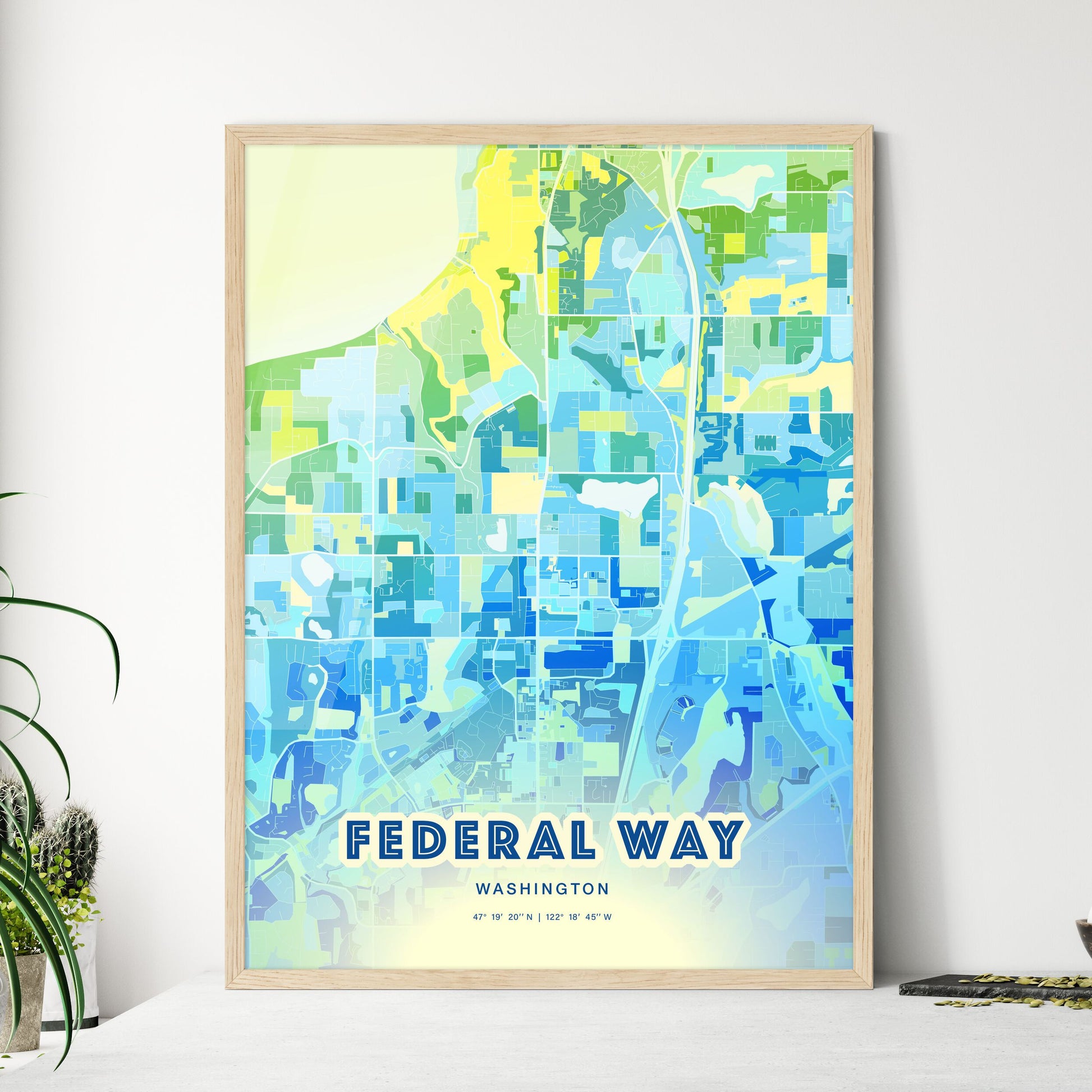 Colorful Federal Way Washington Fine Art Map Cool Blue