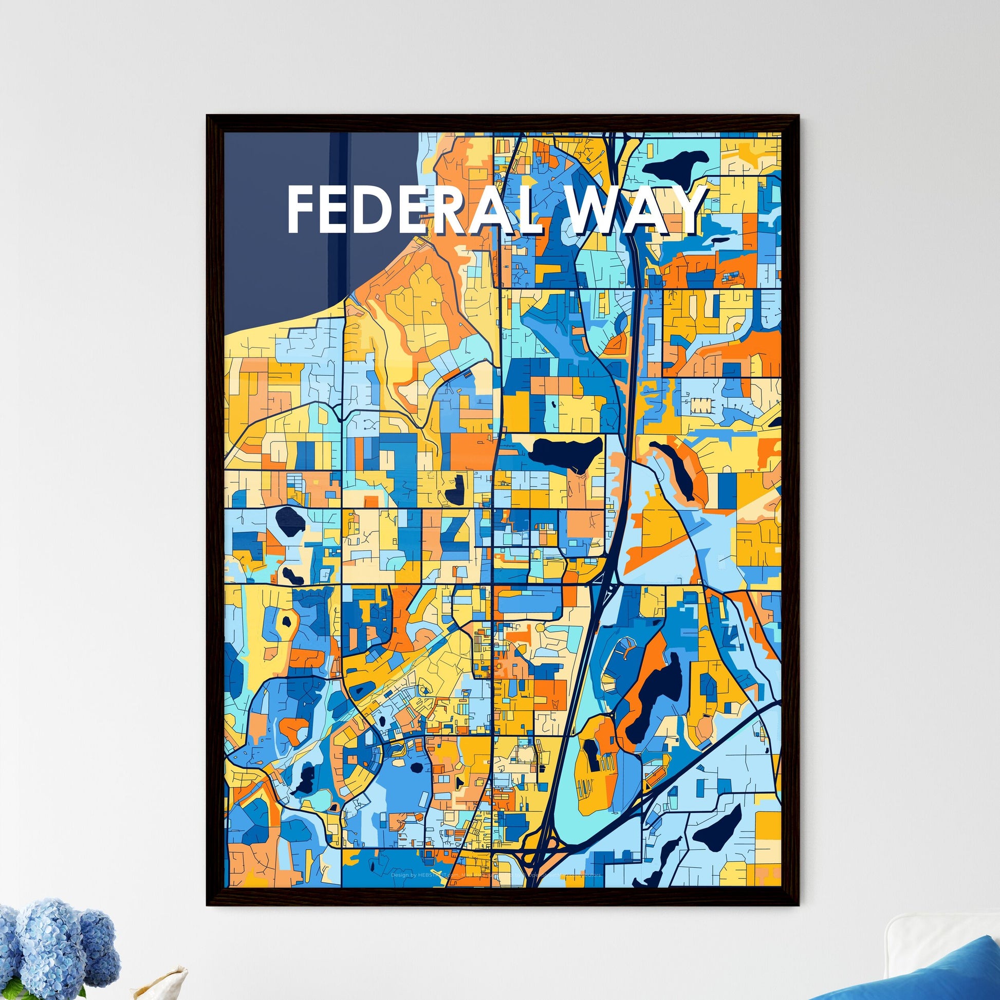 FEDERAL WAY WASHINGTON Vibrant Colorful Art Map Poster Blue Orange