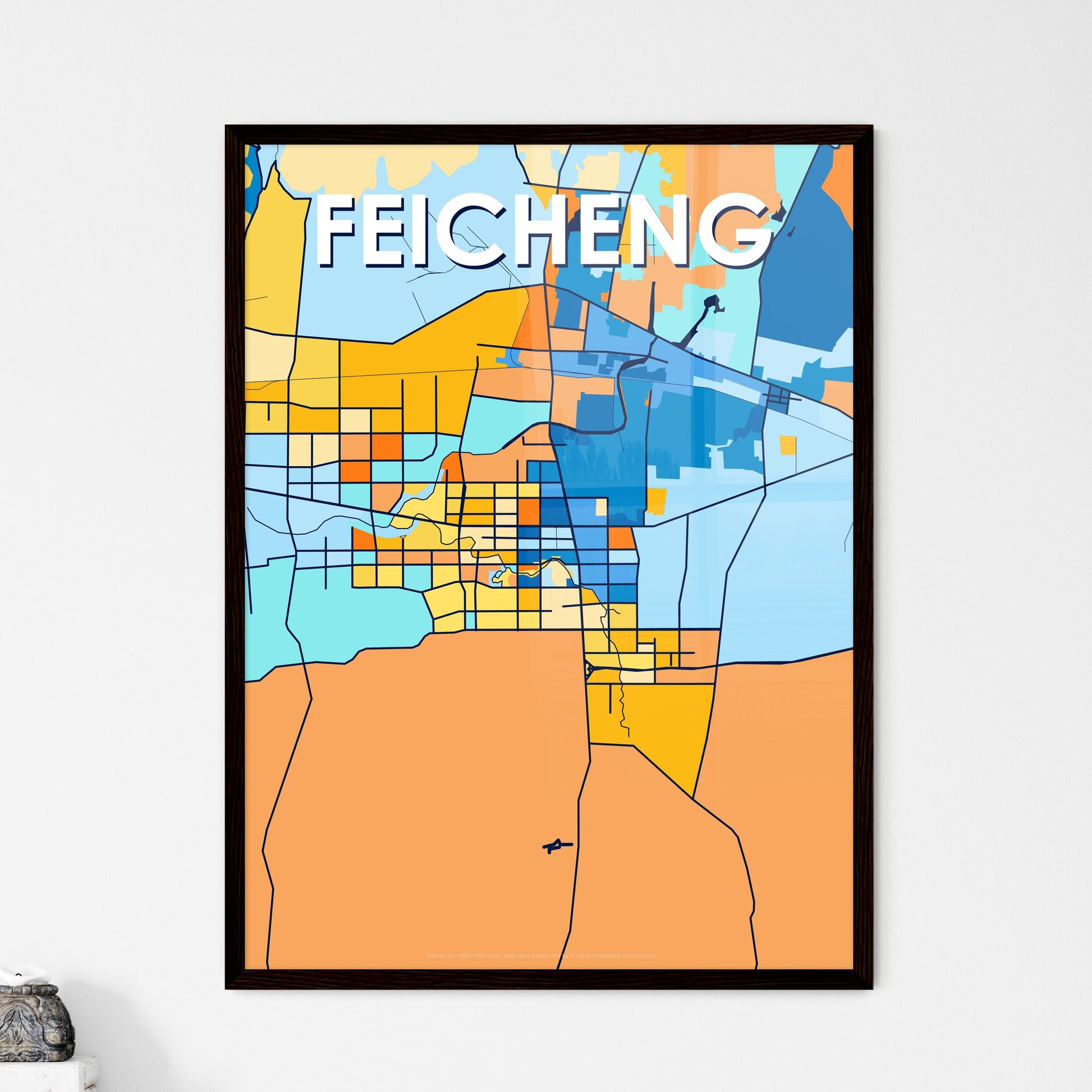 FEICHENG CHINA Vibrant Colorful Art Map Poster Blue Orange
