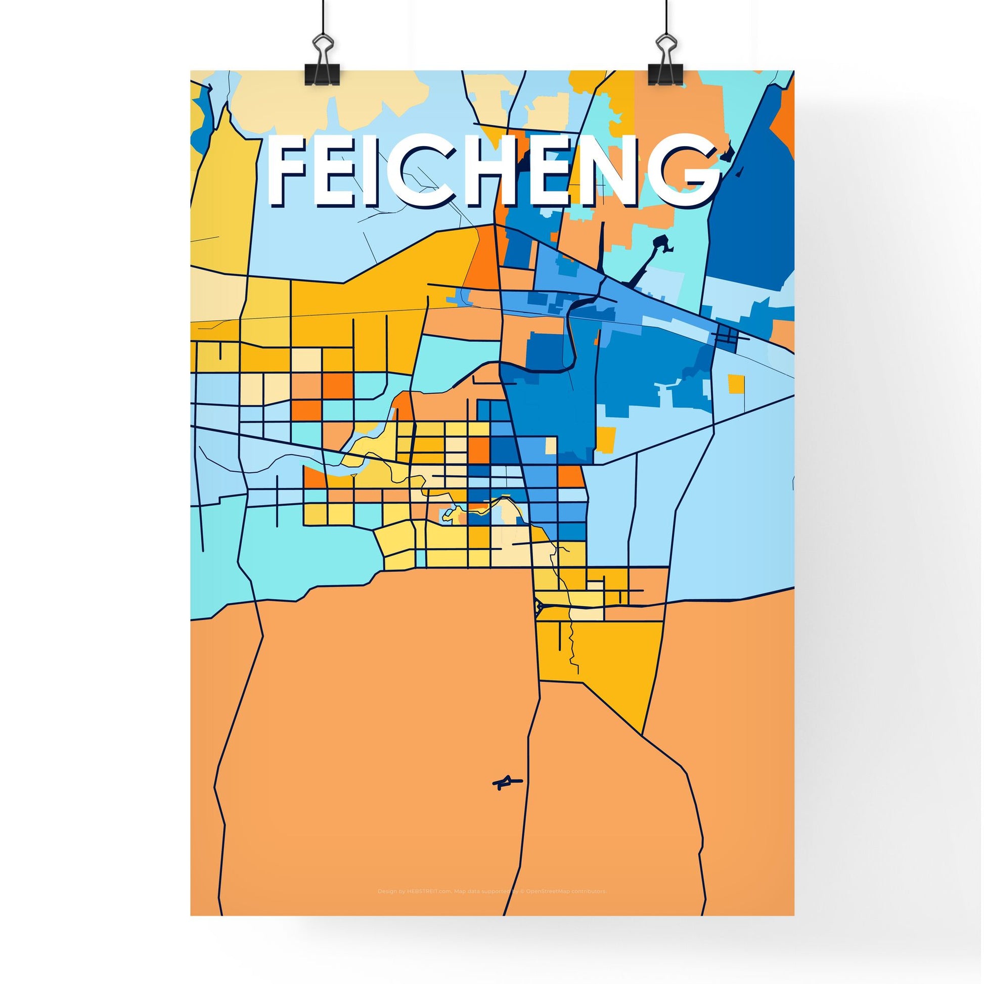 FEICHENG CHINA Vibrant Colorful Art Map Poster Blue Orange