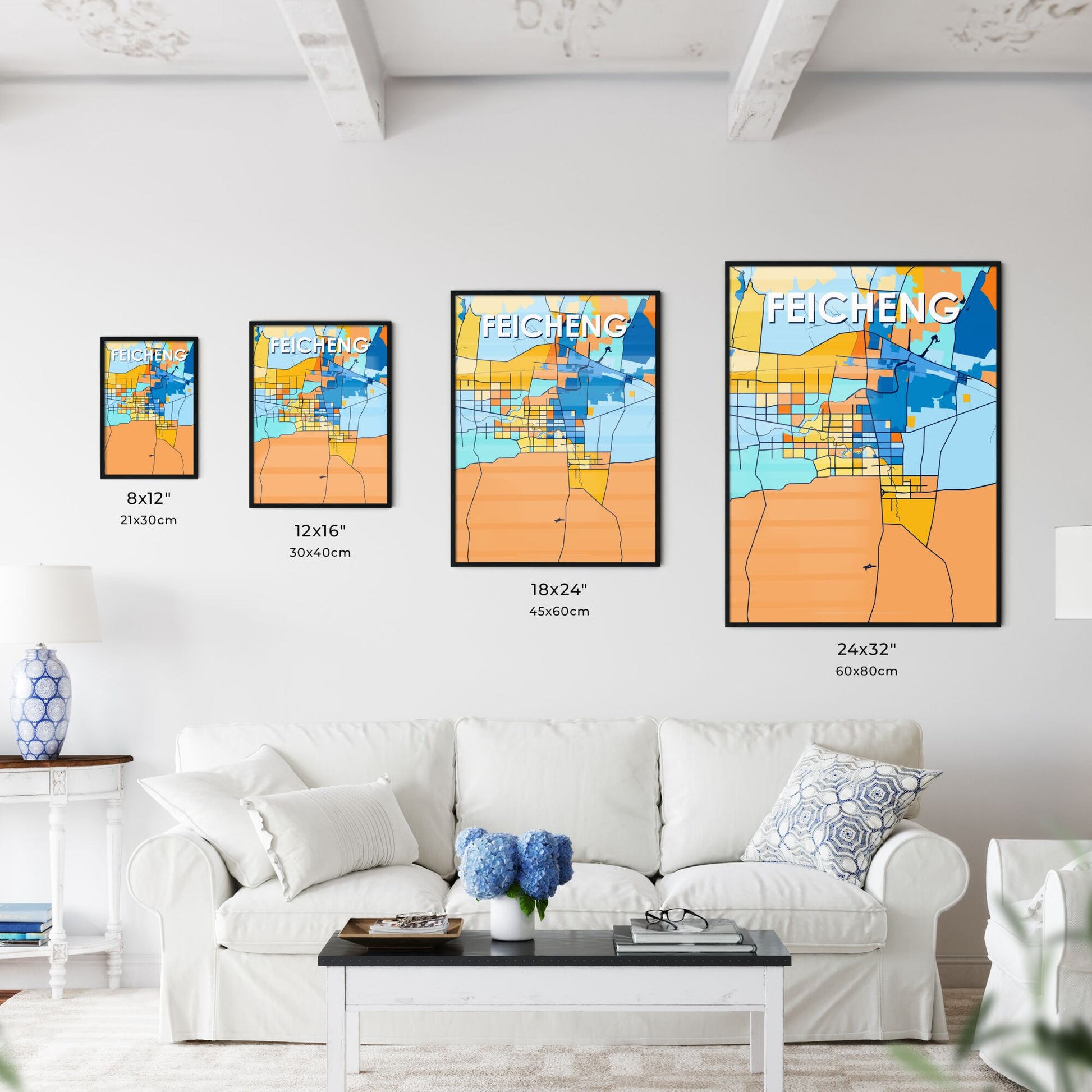 FEICHENG CHINA Vibrant Colorful Art Map Poster Blue Orange