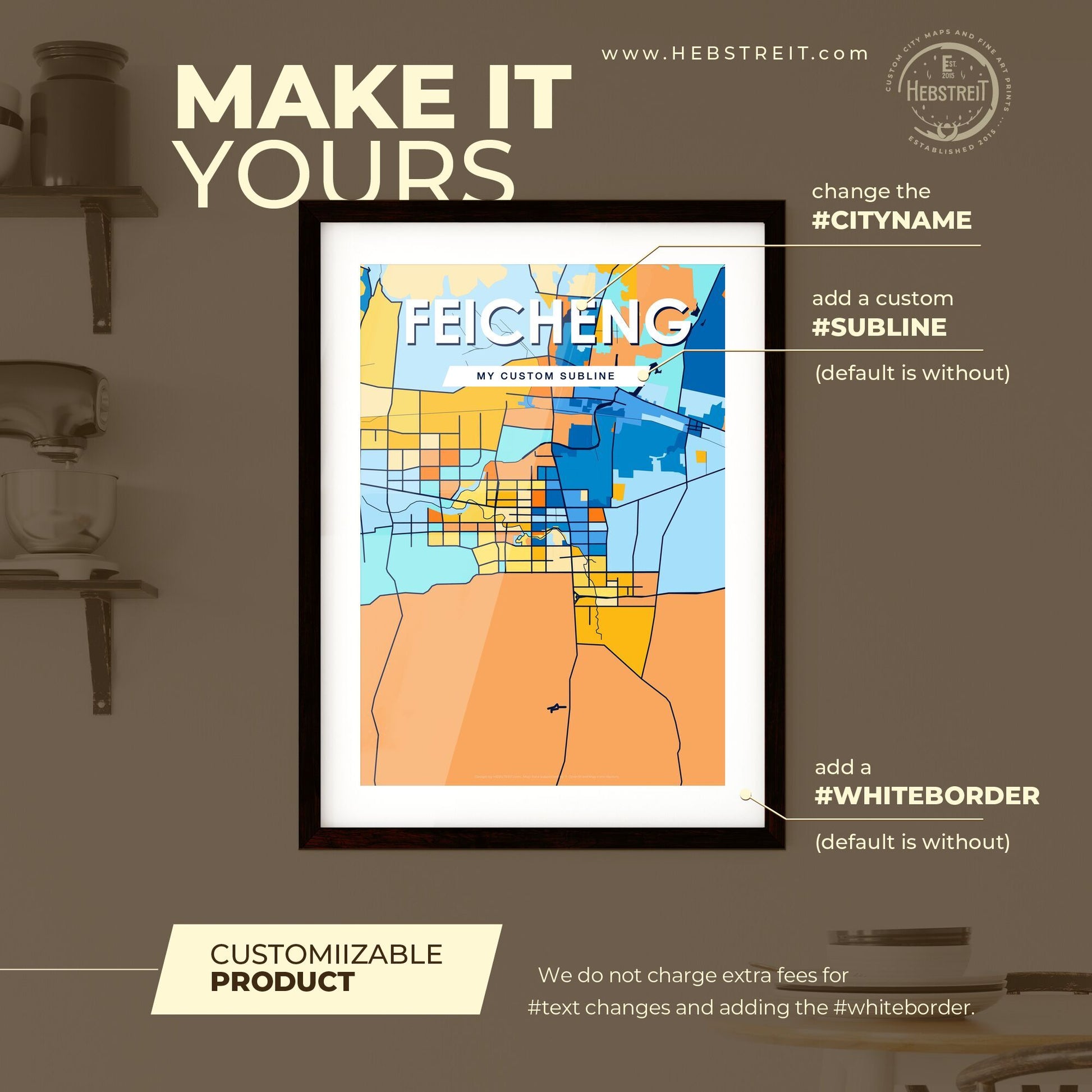 FEICHENG CHINA Vibrant Colorful Art Map Poster Blue Orange