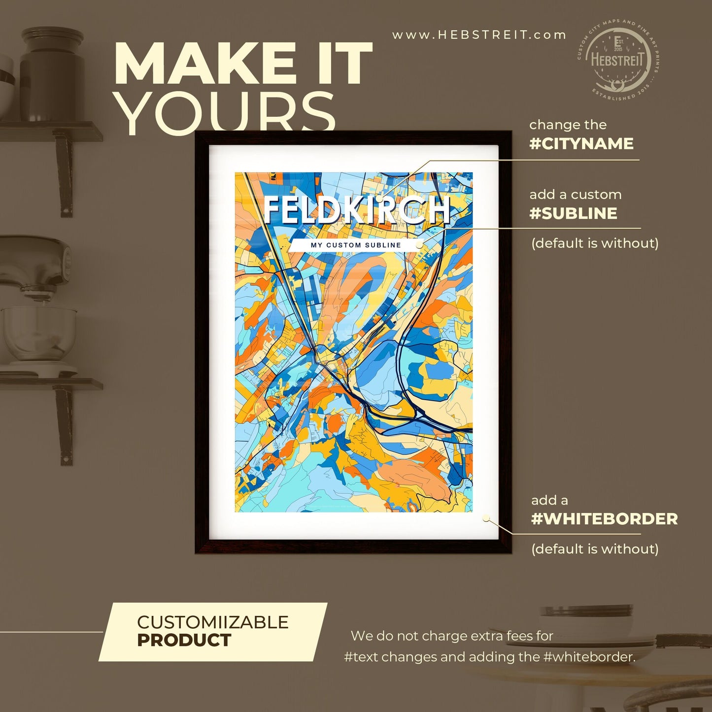 FELDKIRCH AUSTRIA Vibrant Colorful Art Map Poster Blue Orange
