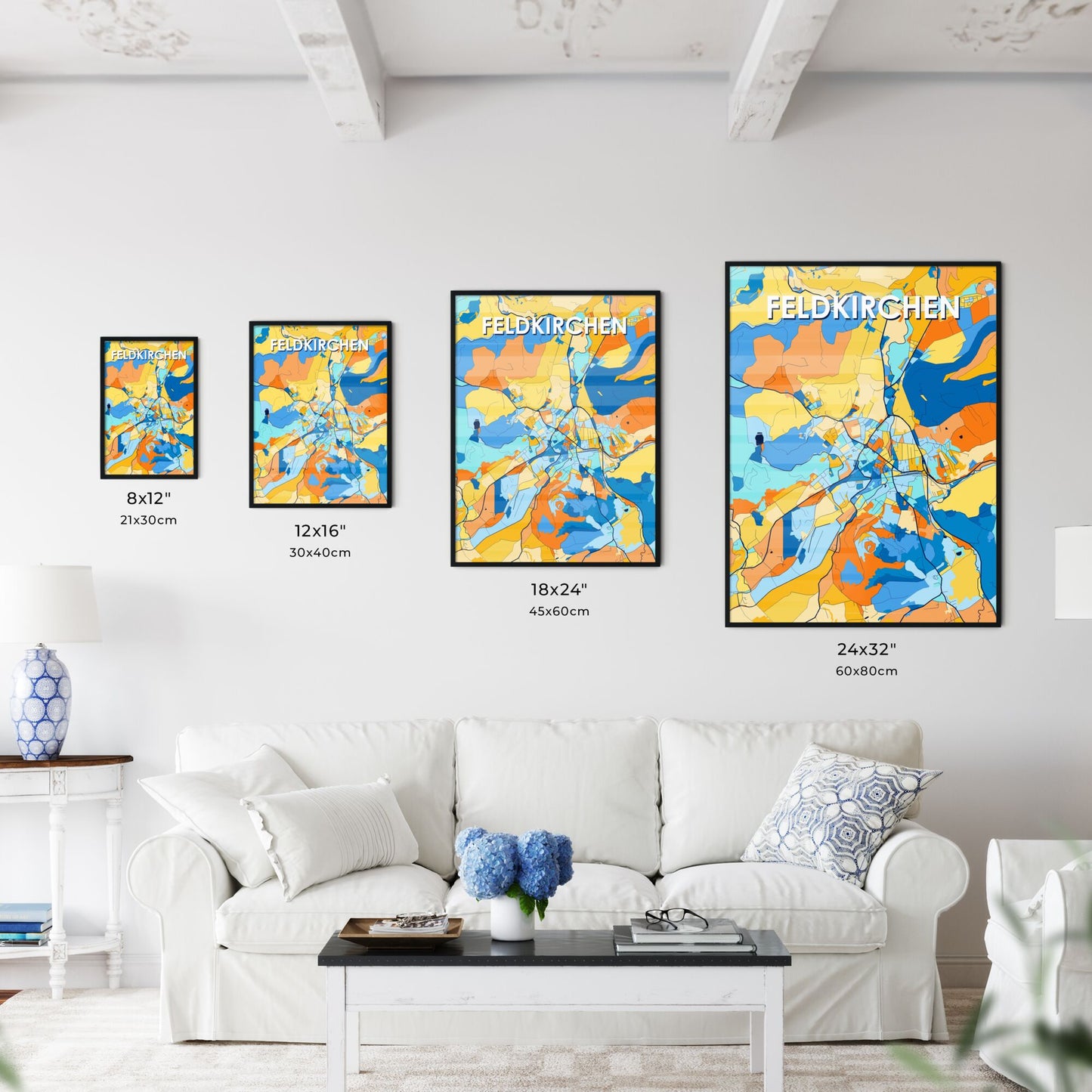 FELDKIRCHEN AUSTRIA Vibrant Colorful Art Map Poster Blue Orange