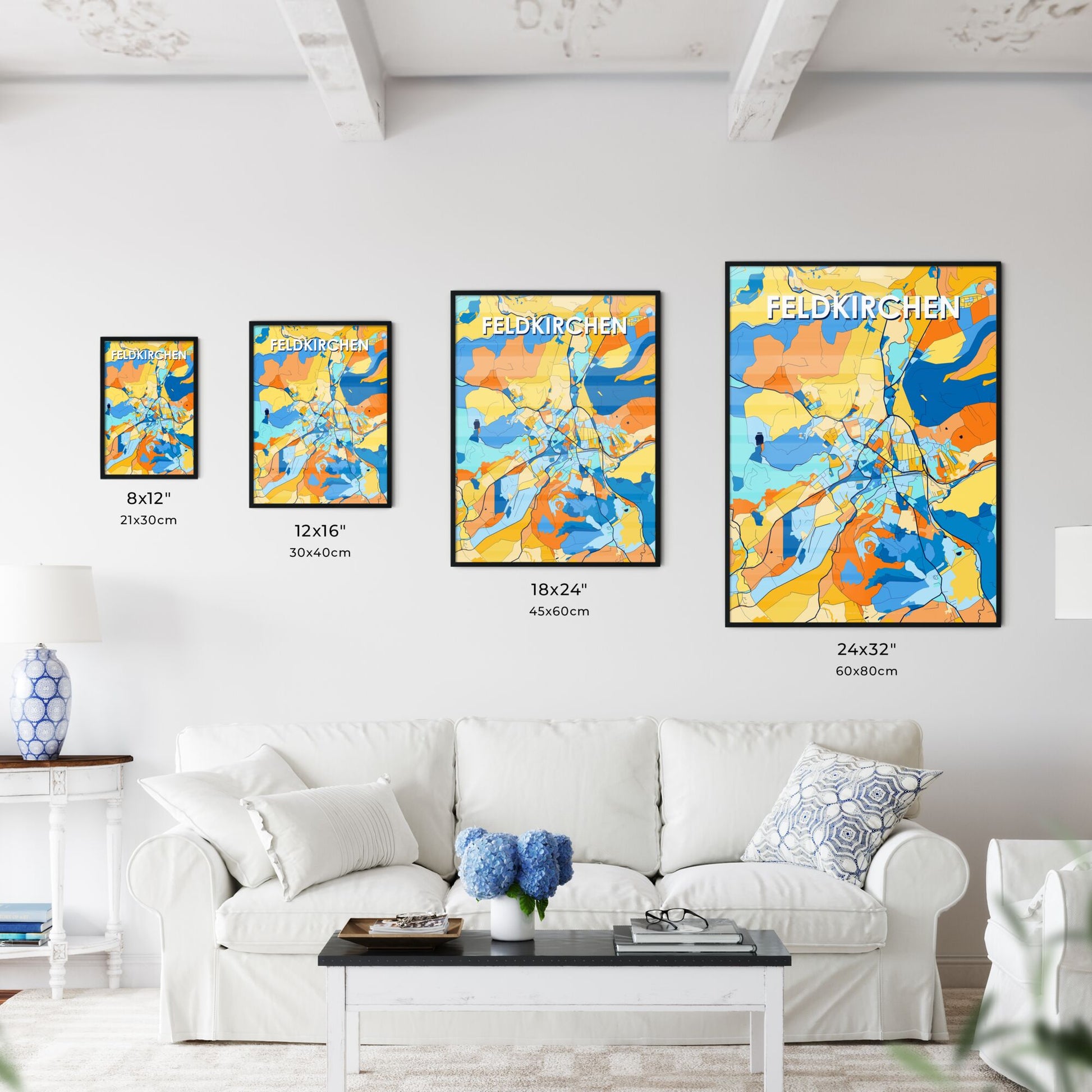 FELDKIRCHEN AUSTRIA Vibrant Colorful Art Map Poster Blue Orange