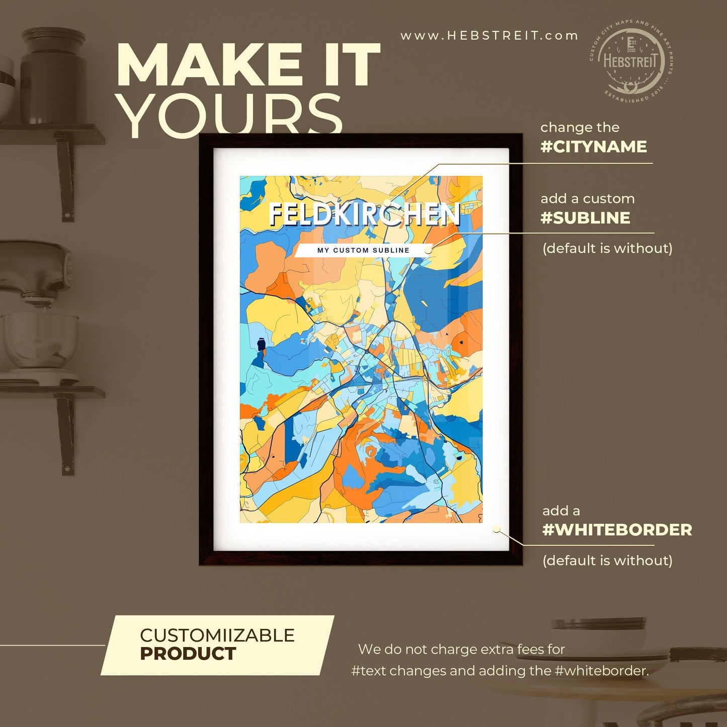 FELDKIRCHEN AUSTRIA Vibrant Colorful Art Map Poster Blue Orange