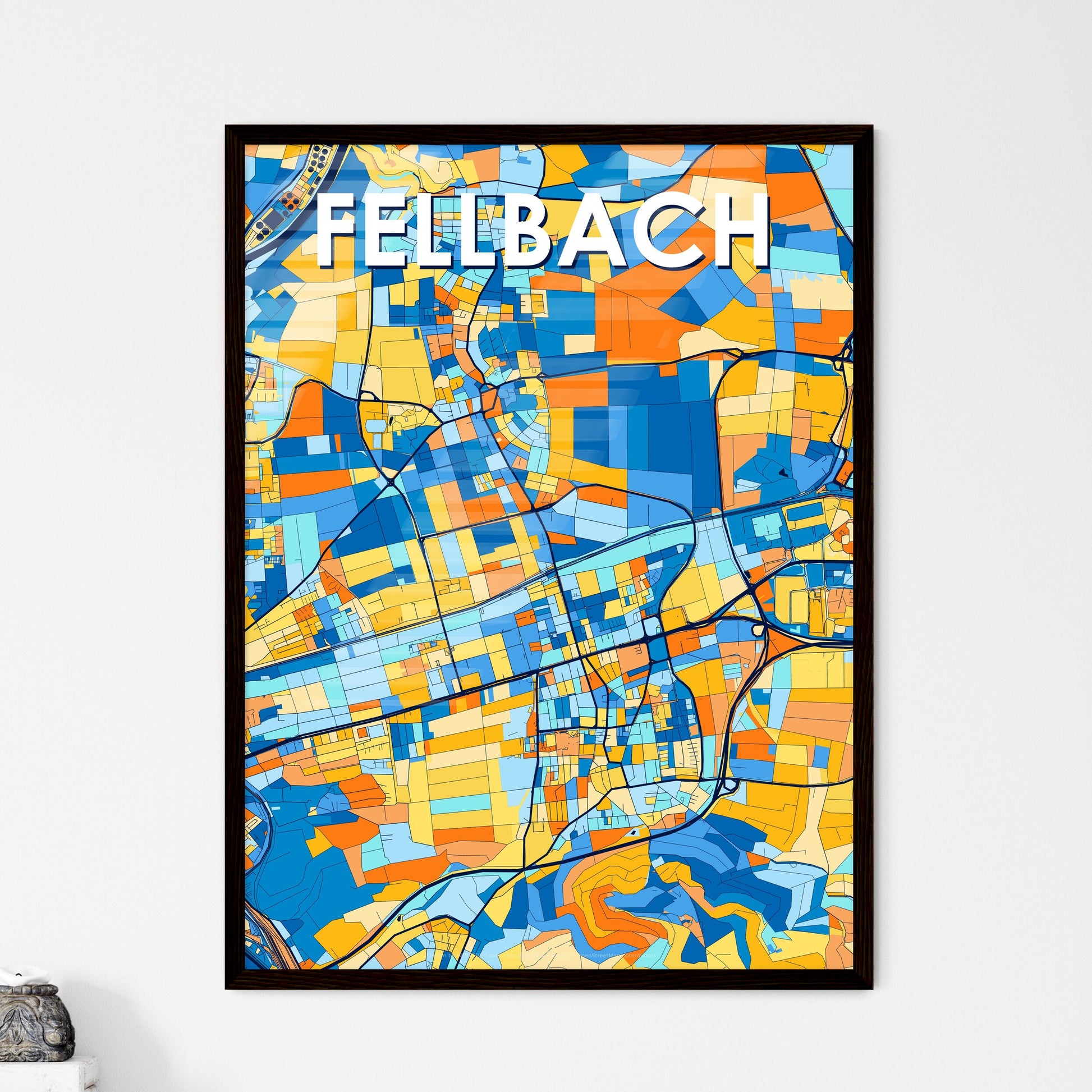 FELLBACH GERMANY Vibrant Colorful Art Map Poster Blue Orange