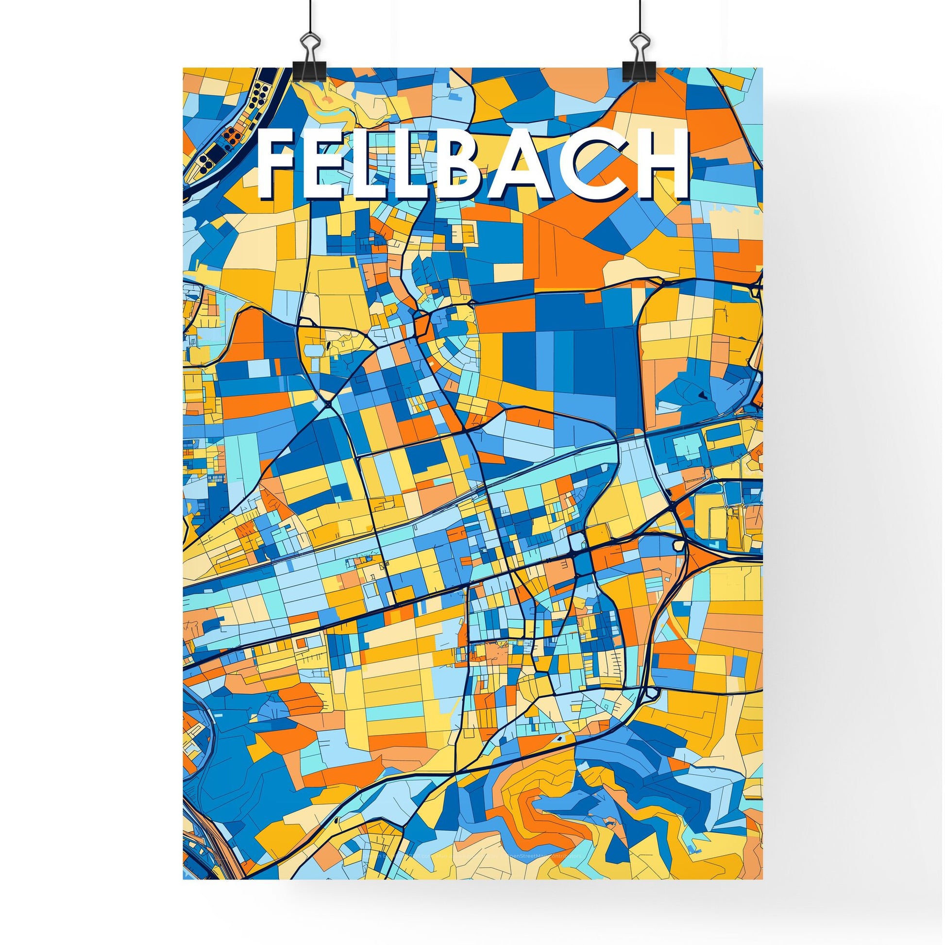 FELLBACH GERMANY Vibrant Colorful Art Map Poster Blue Orange