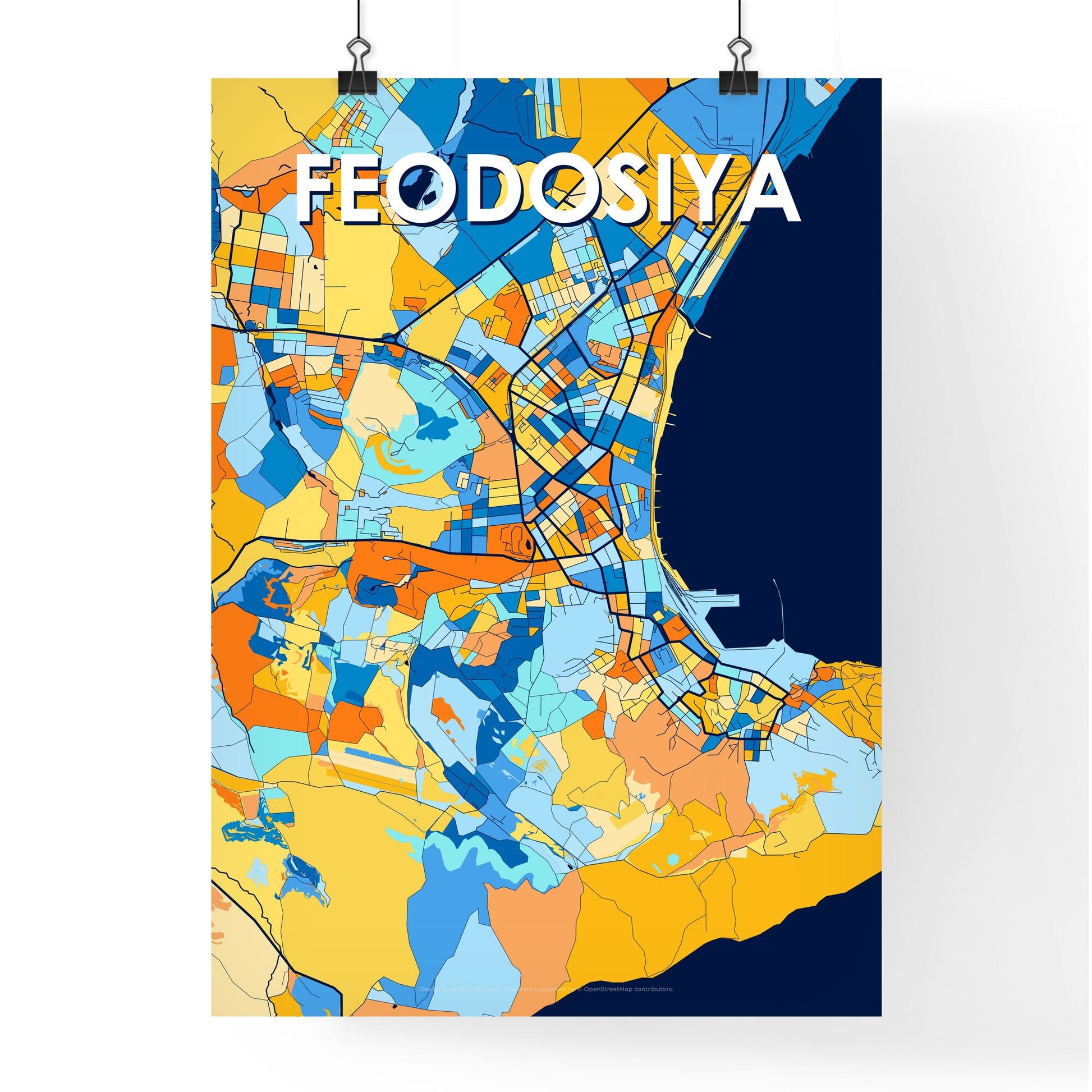 FEODOSIYA UKRAINE Vibrant Colorful Art Map Poster Blue Orange