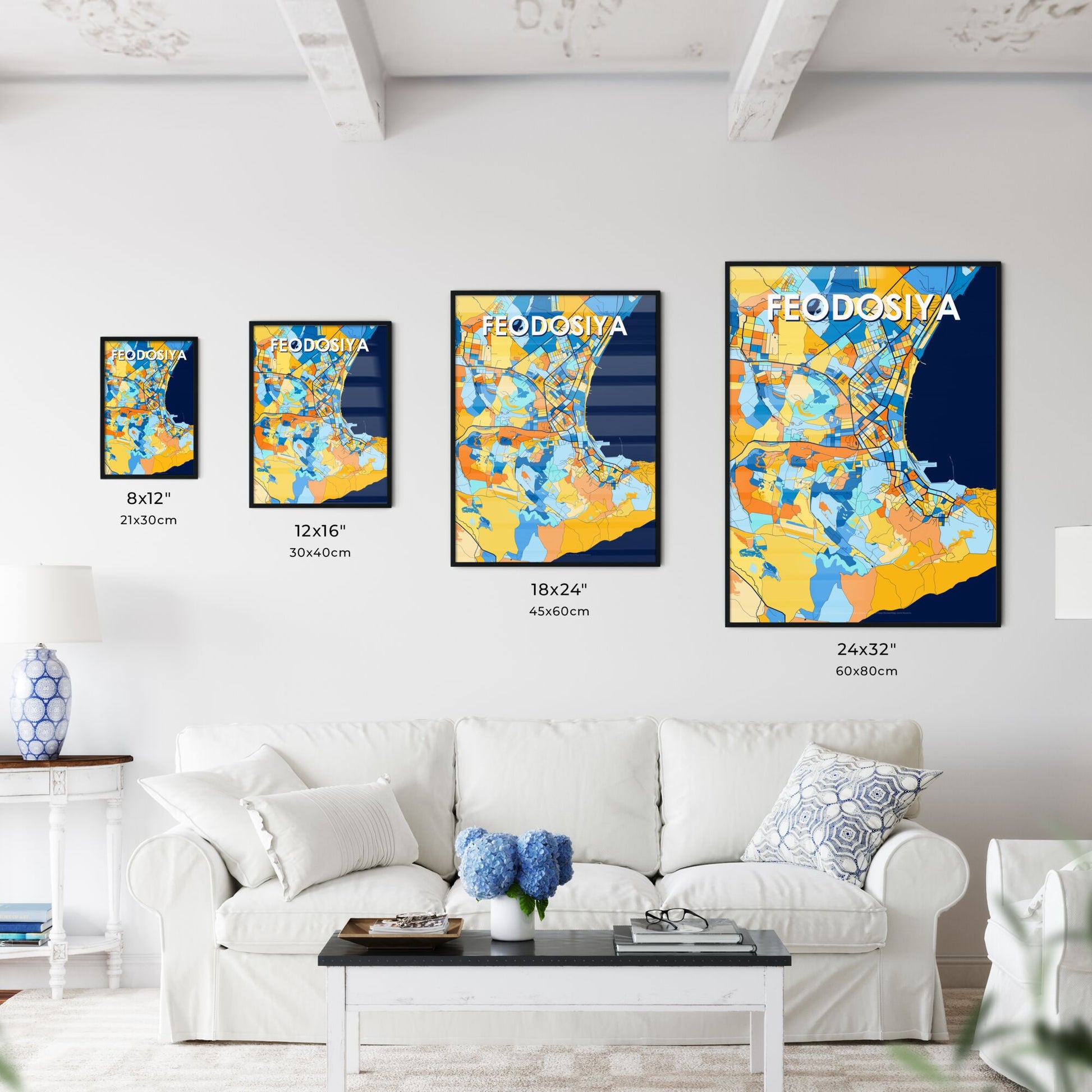 FEODOSIYA UKRAINE Vibrant Colorful Art Map Poster Blue Orange