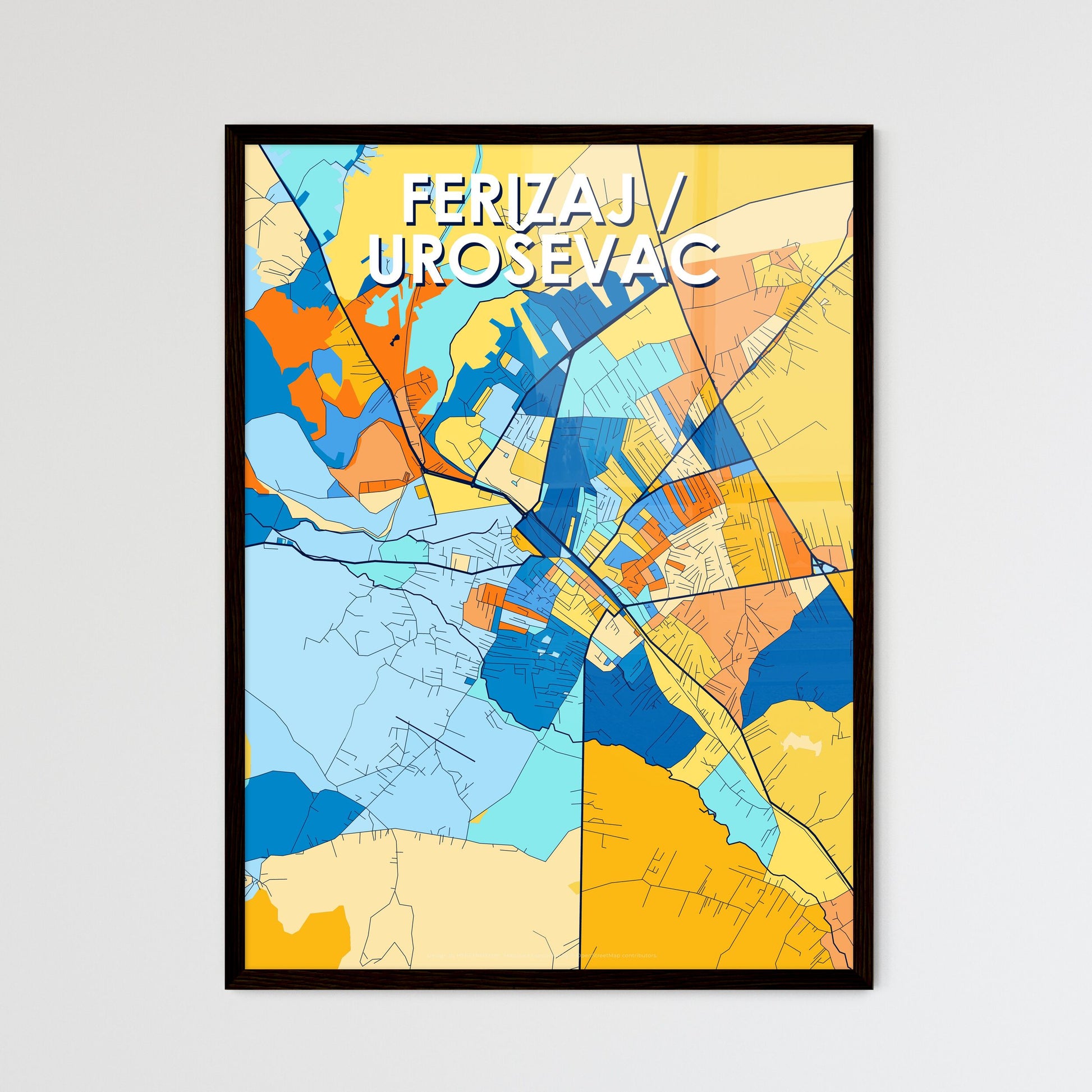 FERIZAJ / UROŠEVAC KOSOVO Vibrant Colorful Art Map Poster Blue Orange