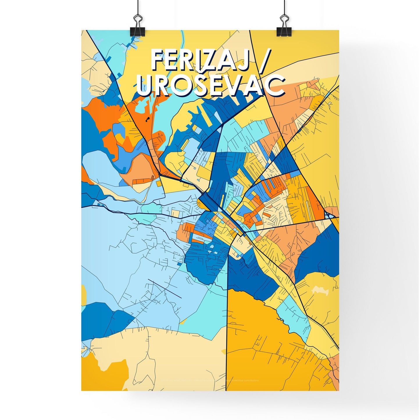 FERIZAJ / UROŠEVAC KOSOVO Vibrant Colorful Art Map Poster Blue Orange