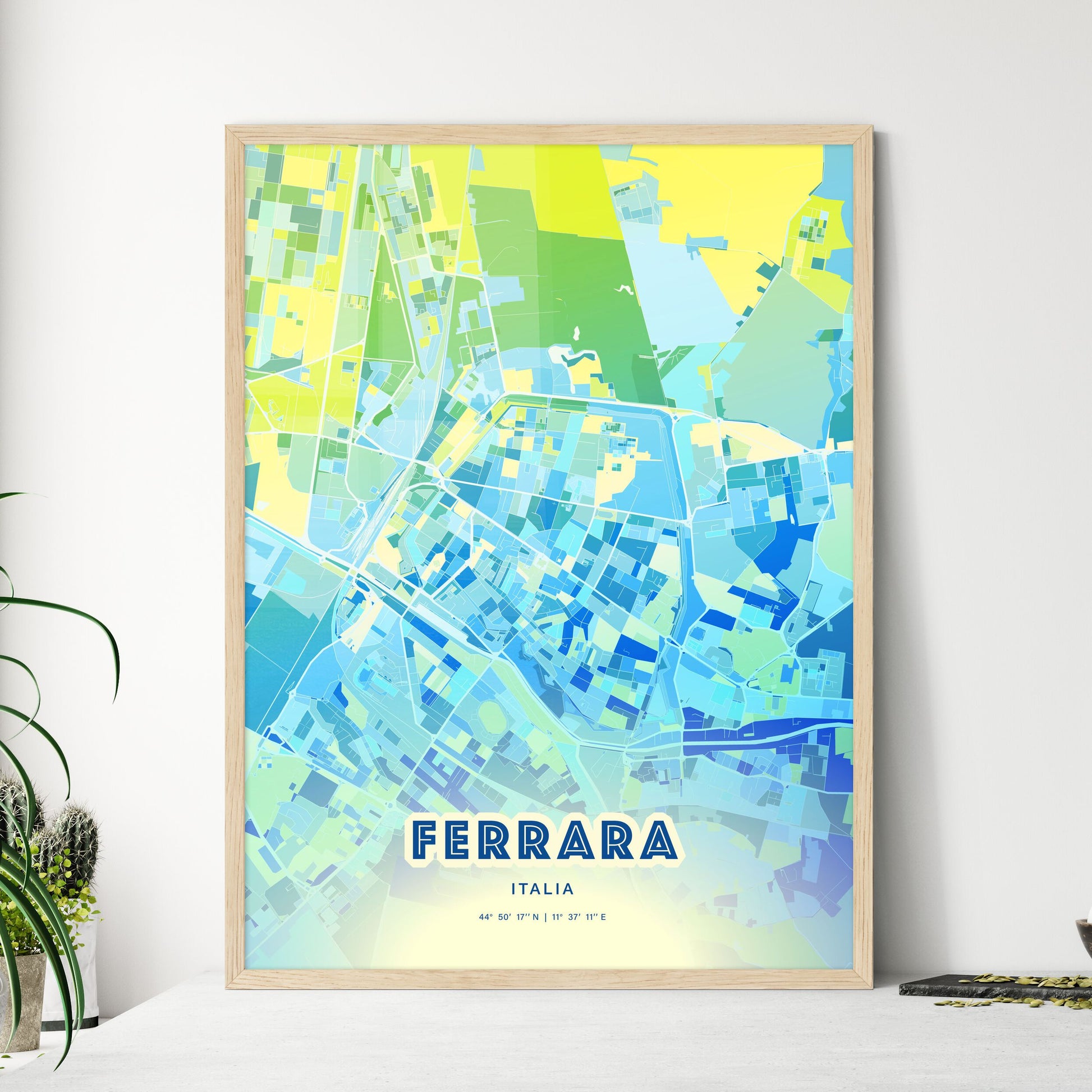 Colorful Ferrara Italy Fine Art Map Cool Blue