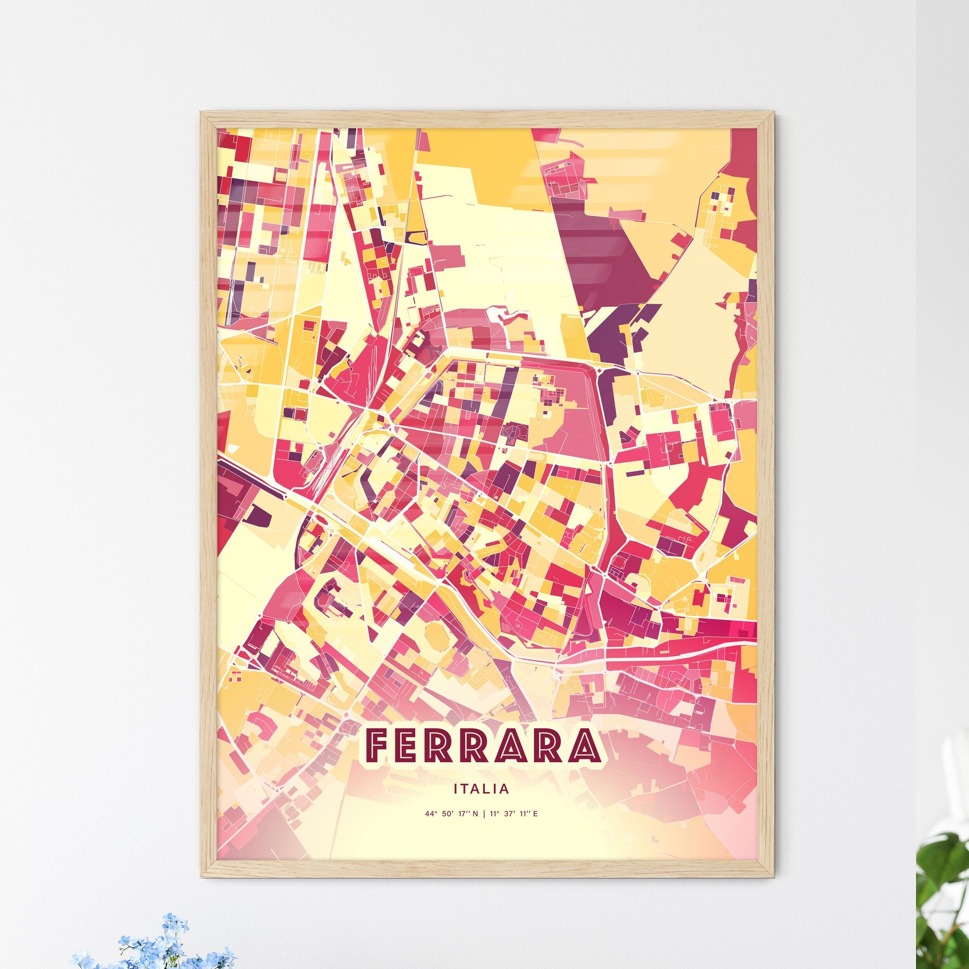 Colorful Ferrara Italy Fine Art Map Hot Red