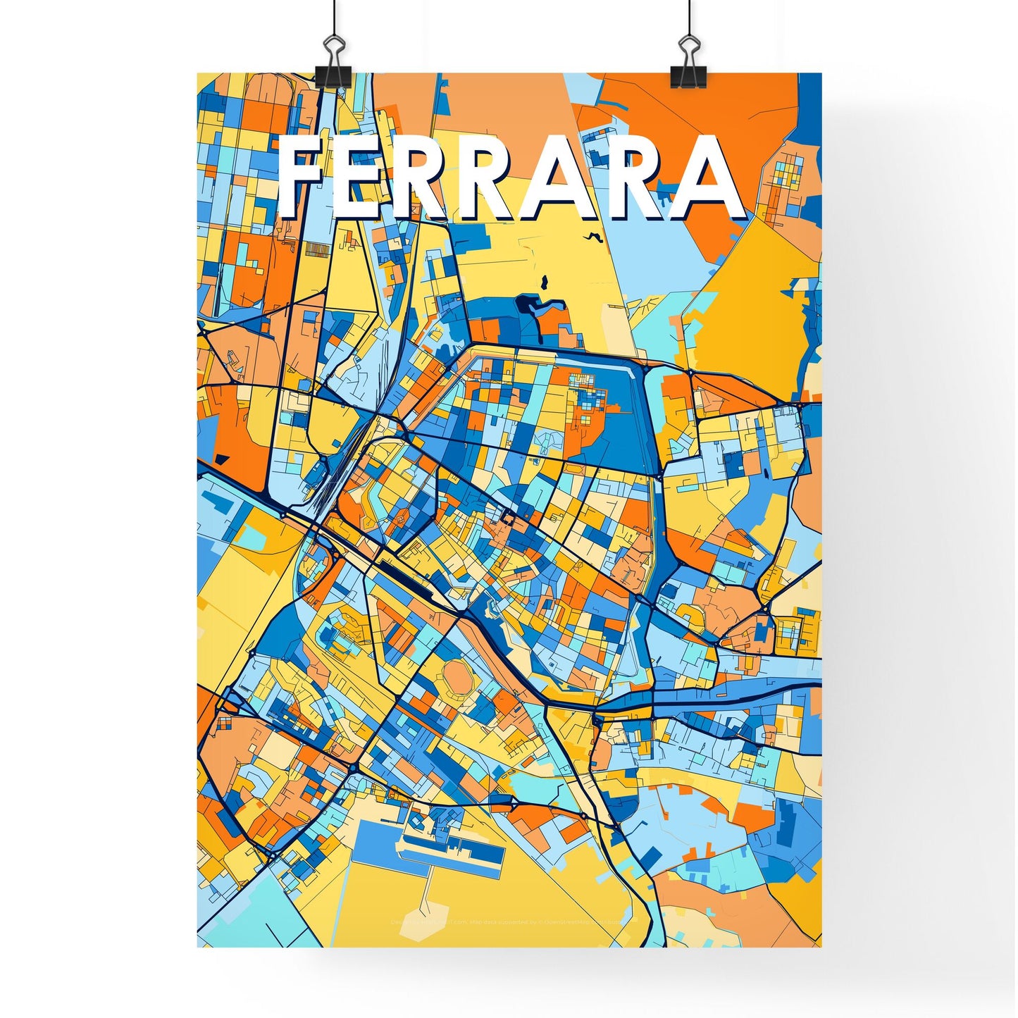 FERRARA ITALY Vibrant Colorful Art Map Poster Blue Orange