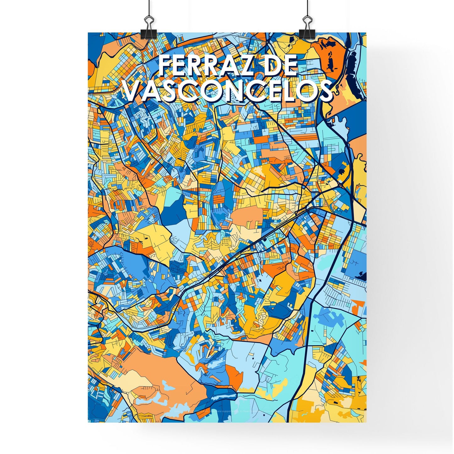 FERRAZ DE VASCONCELOS BRAZIL Vibrant Colorful Art Map Poster Blue Orange